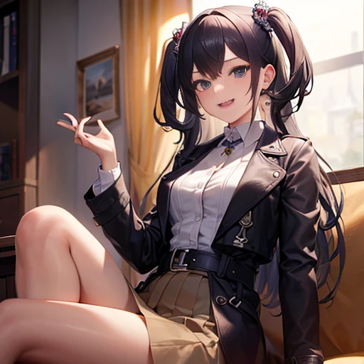 ((masterpiece:1.5)),((Finest quality)),(Ultra-high precision),8k picture, Top quality , Highest level of resolution, sharpness, laughing, two side up, layered skirt, trench coat, halterneck, glamorus, tights ,biologically correct hand, cheerful, long hair, hair ornament,