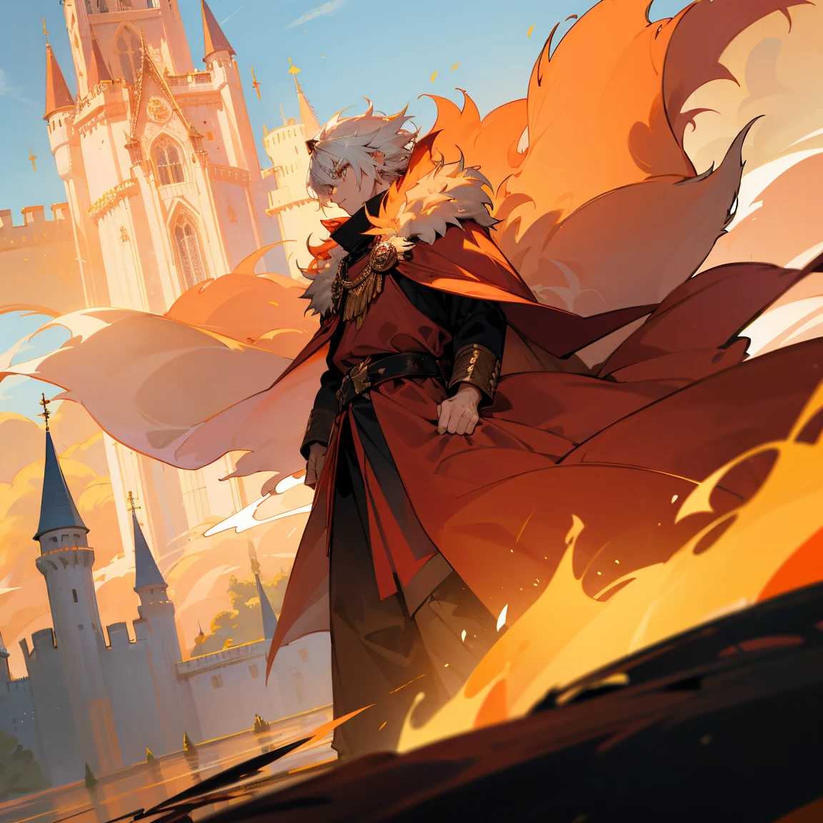 Vibrant messy spiky white hair , Golden Eyes , floating golden crown above head , Coral Pink Colored Short Cloak with fur trim , Wearing black clothing underneath , combat clothing , 1 Male , standing infront of a castle , sunny sky