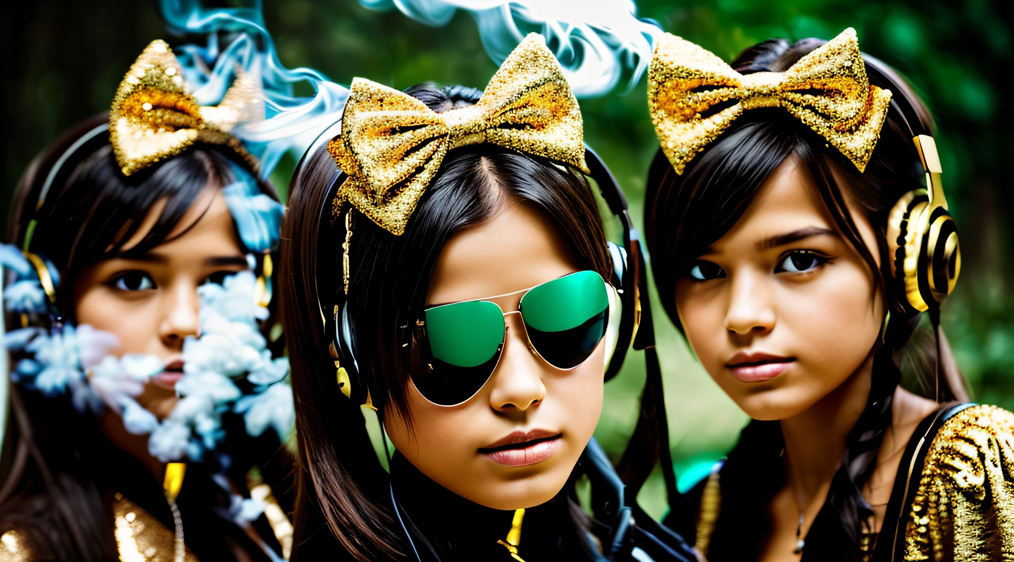 fundo preto.GOLD with bows on their heads AND HEADPHONES and one wearing a BLACK dress,GREEN Billowing smoke GREEN AND RED, portrait of twins twins BLONDIES.