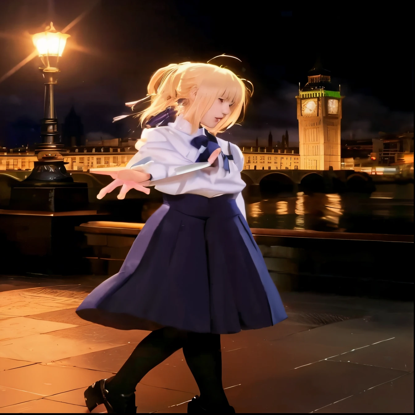 Anime girl wearing school uniform standing in front of Big Ben, destiny / overnight with, A destiny anime style/overnight with, Artoria Pendragon, Fateful night, destiny/lofi, Youfu table art style, fate zero, offcial art, grand order of destiny, Misty Rain Magic Sand, Anime cute art style, Violet Evergarden, Official character art, Youfu table