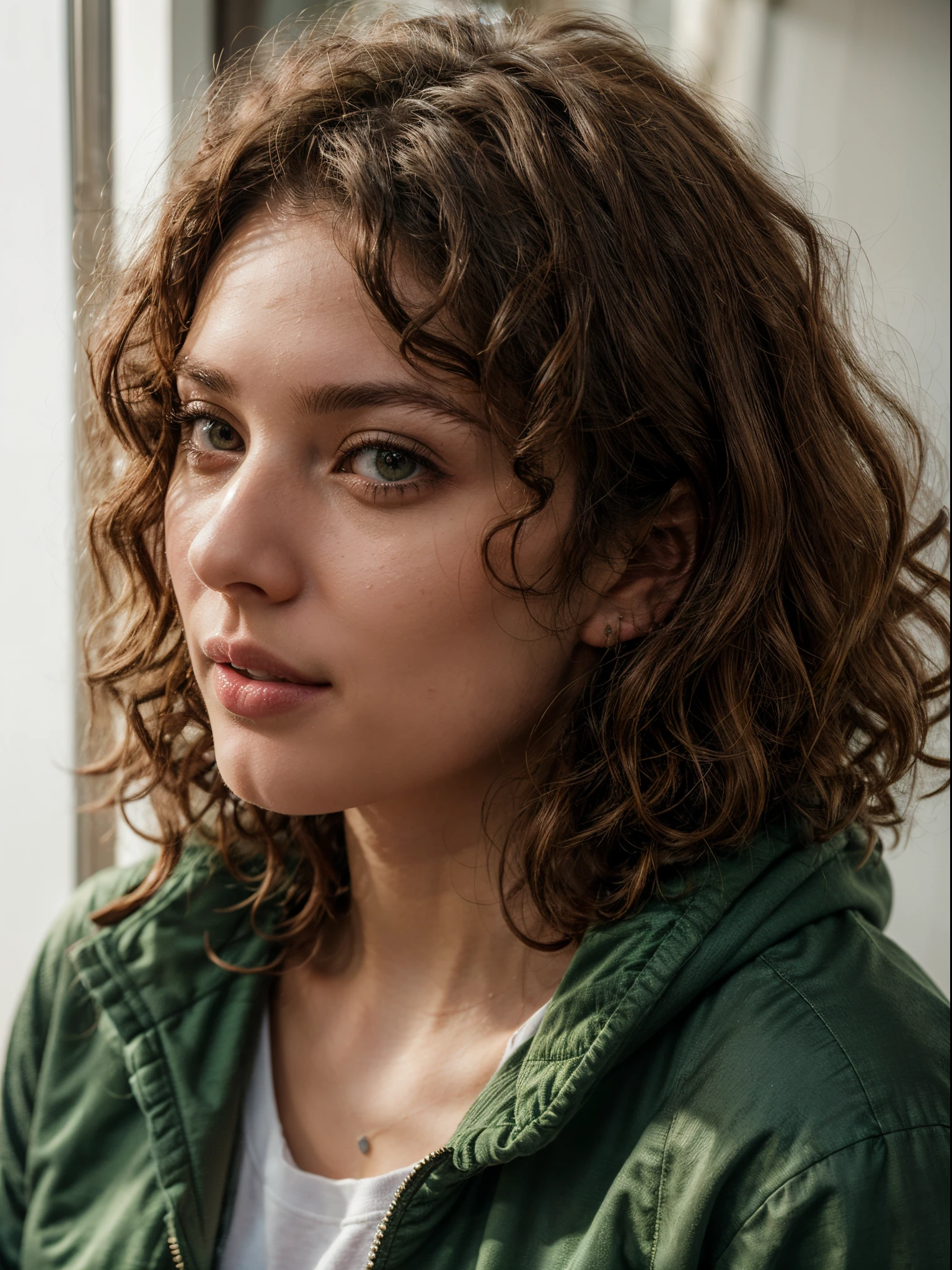 brown eyes, brown solid circle brown eyes, small nose,((((medium and curly hair)))),(medium hair), Mediterranean Caucasian girl, 30 years old, ultra-high resolution.fotorrealistic: 1.4, ((((Enara Aiza)))), highest quality, Ultra-detailed, Fine pores, hyper-realistic, natural pose,black shirt,white light,textured skin, super detail, best quality, UHD, 8k, 4K,medium curly hair,from side, side,green jacket, t-shirt,looking side, green jacket, normal expresion face,sitting,remote camera