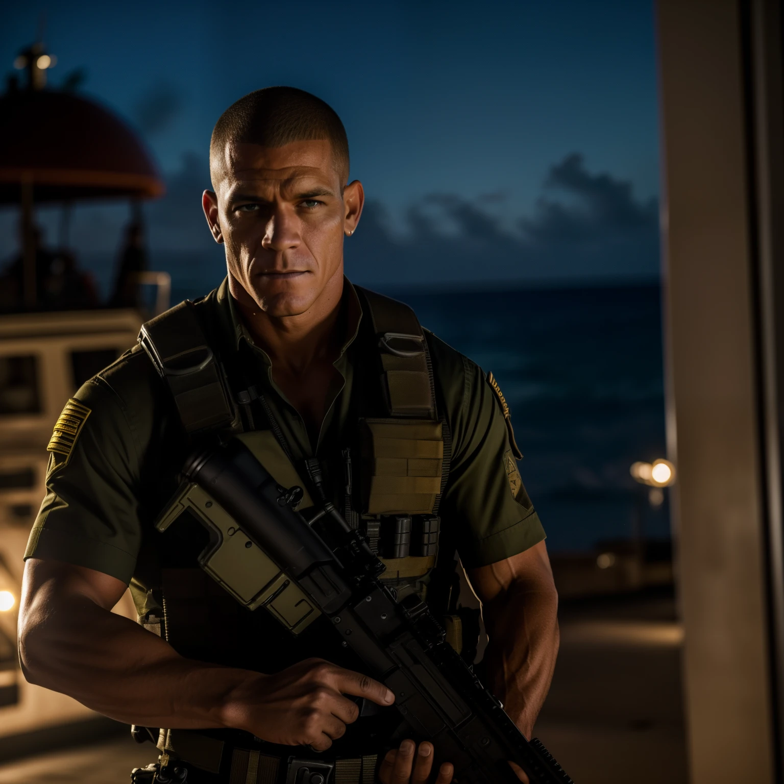 ( A mercenary on mission in the Caribbean, Cena de filme, He's in action and his hair is straight and modern ) 8k, UHD, severe low lighting, alta qualidade, foco nitido, Fujifilm XT3