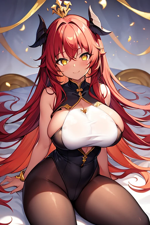 1girl, large breasts, thick thighs, wide hips, smile, dark body, dark skin, yellow eyes, (red hair), red hair, long hair, bodysuit, white bodysuit, cleavage cutout, cutout, underboob cutout, white clothes, pants, smirk, smug, glowing eyes, pantyhose, white pantyhose, crown, tiara, hair ornament, ornament