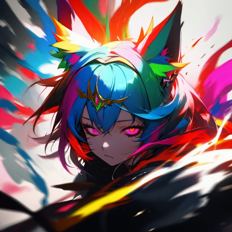 colored inner hair, multicolored hair, tiara, blank eyes, fox ears, Action painting, Cinematic lighting, High details, best quality, 16k, Hard disk, photography