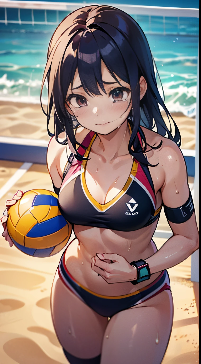 unity 8k wallpaper, anatomically correct, (((masterpiece))), (((best quality))), (((ultra detailed))), (((high-resolution))), ((super fine illustration)), ((Ultimate cutie)), detailed beautiful face, BREAK, ((2girls)), ((couple)), cheek-to-cheek, ((yuri)), 18 years old, (potbelly), (curvy), medium breasts, ((Thick thighs)), shiny hair, ((Regretful expression)), (((tearfully))), ((blush)), BREAK, (((sports bikini))), swim wear, (beach volleyball uniform), ((wrist bands)), ((kneepads)), two female beach volleyball players, BREAK, ((hold the Beautiful spherical shape 6-inch volleyball )), stylish pose, ((sweat)), (perspired), (heavy breathing), sense of depth, ((in beach volleyball court)), lighting, from above, ((looking at viewers)), looking down, cowboy shot, couple focus