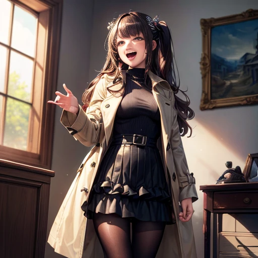 ((masterpiece:1.5)),((Finest quality)),(Ultra-high precision),8k picture, Top quality , Highest level of resolution, sharpness, laughing, two side up, layered skirt, trench coat, halterneck, glamorus, tights ,biologically correct hand, cheerful, long hair, hair ornament,