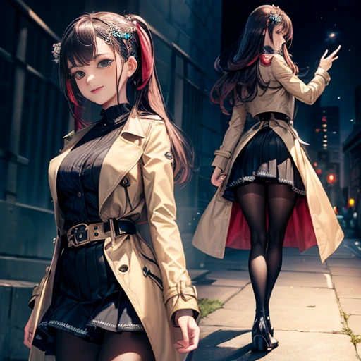 ((masterpiece:1.5)),((Finest quality)),(Ultra-high precision),8k picture, Top quality , Highest level of resolution, sharpness, laughing, two side up, layered skirt, trench coat, halterneck, glamorus, tights ,biologically correct hand, cheerful, long hair, hair ornament,