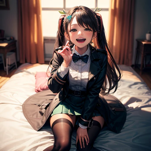 ((masterpiece:1.5)),((Finest quality)),(Ultra-high precision),8k picture, Top quality , Highest level of resolution, sharpness, laughing, two side up, layered skirt, trench coat, halterneck, glamorus, tights ,biologically correct hand, cheerful, long hair, hair ornament,