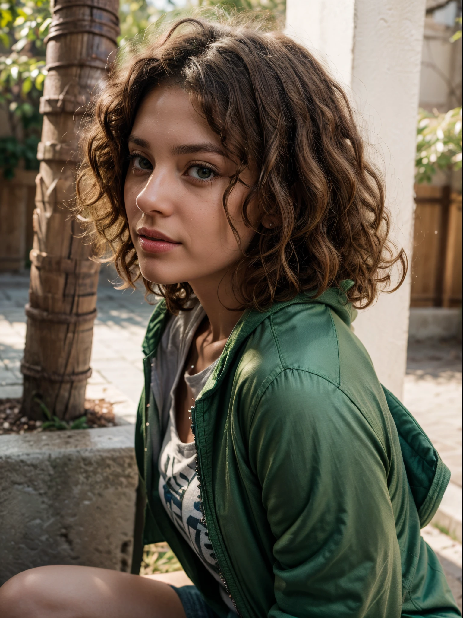 brown eyes, brown solid circle brown eyes, small nose,((((medium and curly hair)))),(medium hair), Mediterranean Caucasian girl, 30 years old, ultra-high resolution.fotorrealistic: 1.4, ((((Enara Aiza)))), highest quality, Ultra-detailed, Fine pores, hyper-realistic, natural pose,black shirt,white light,textured skin, super detail, best quality, UHD, 8k, 4K,medium curly hair,from side, side,green jacket, t-shirt,looking side, green jacket, normal expresion face,sitting,remote camera