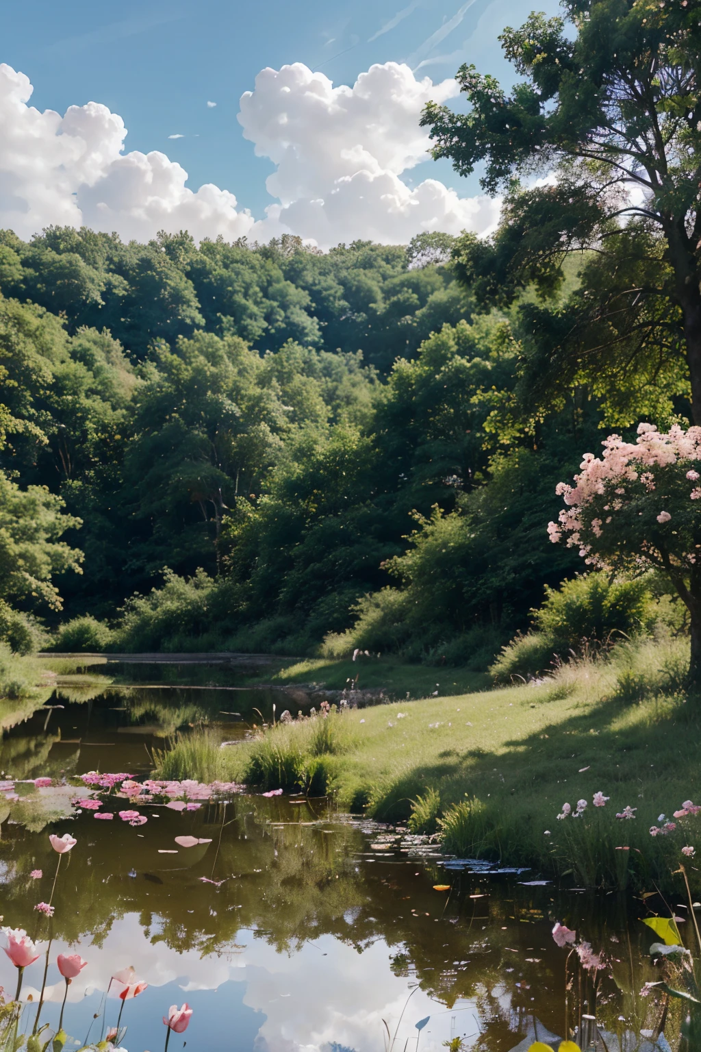 7 wild pink, peach and white roses in a forest overlooking a pond surrounded by green grasses having a bright blue sky with a few clouds