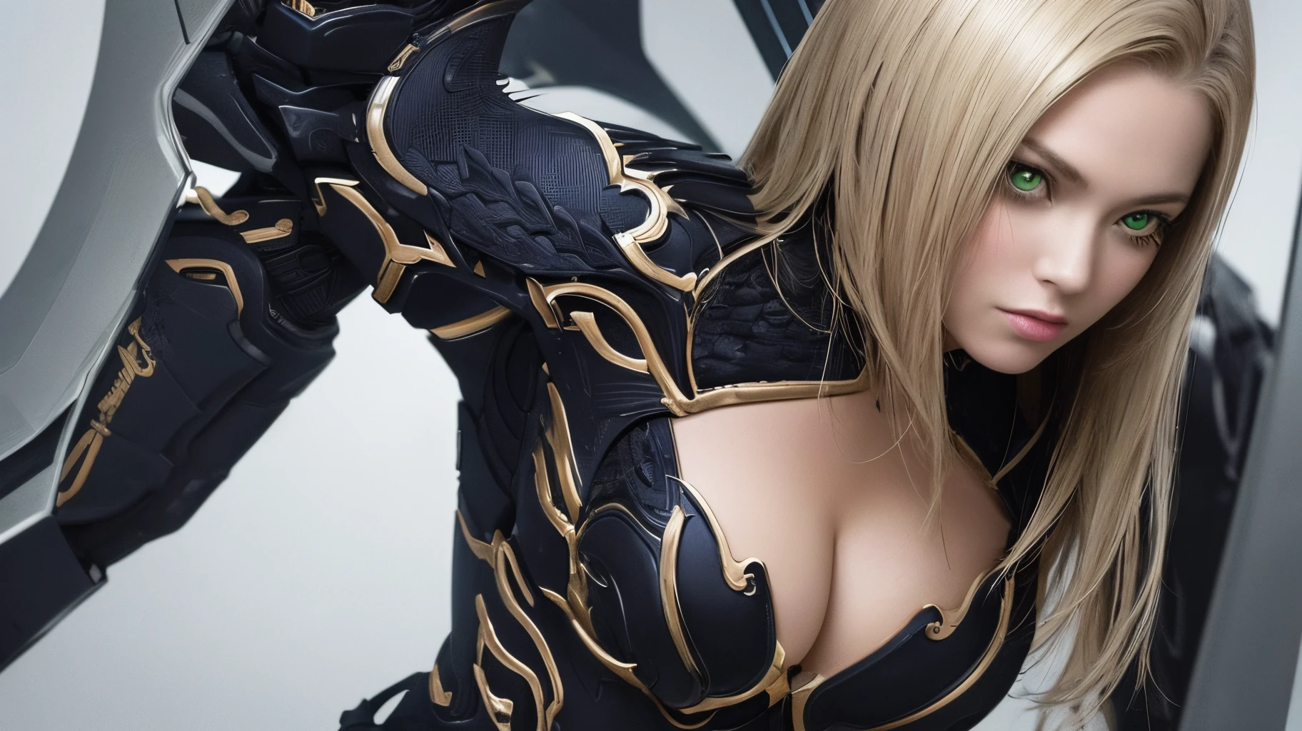 Creates ultra realistic image of green eyed dark blonde woman with futuristic sexy armor