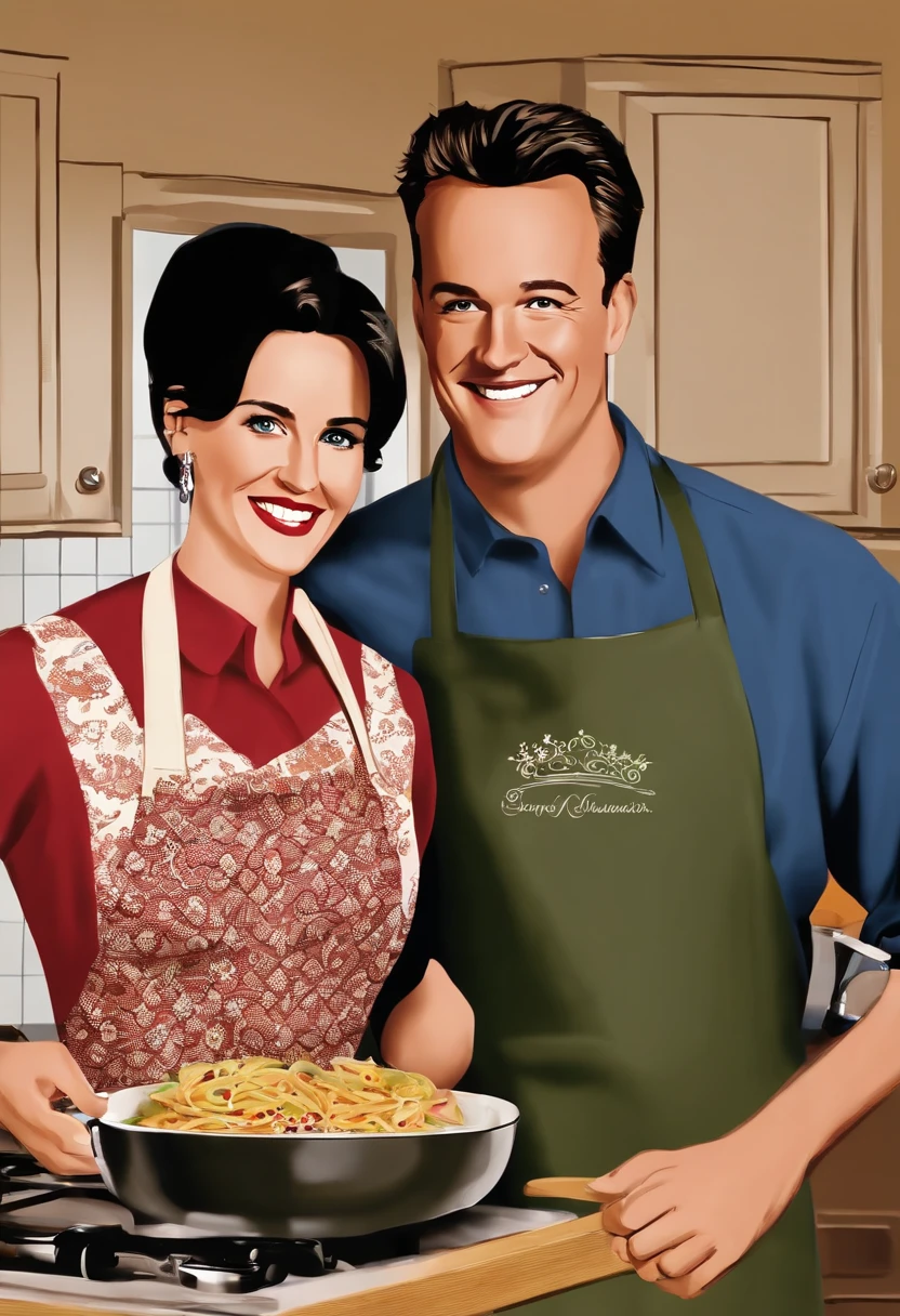 It's two people in a kitchen preparing food together, cooking show, cooky, art cover illustration, fan art, cozinha gourmet, cozinhando-o, rob rey and kentarõ miura style, rob rey and kentarõ miura, imagem de comida super realista, chef feliz, na cozinha, Directed by: Randy Vargas, Directed by: Eddie Mendoza, amazing food illustration