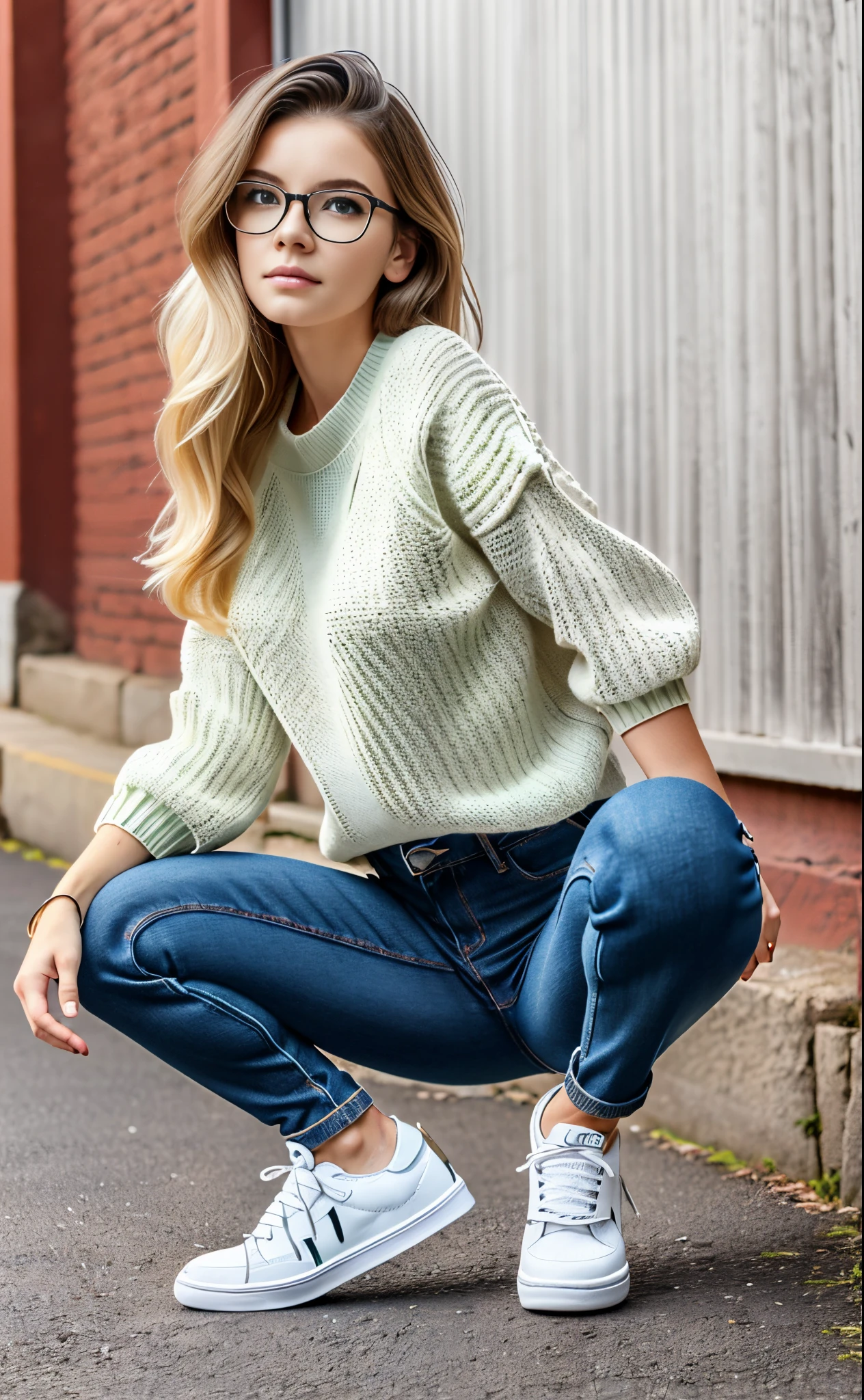 masterpiece, ultra high resolution, highly detailed face, highly detailed eyes, perfect anatomy, super detailed skin, not safe for work, (photorealistic:1.4), UHD,
(dynamic angle, dynamic pose:1.2), outside, rural town, red wall, (portrait, legs focus, full body shot:1.2), (beautiful face, beautiful eyes, beautiful legs:1.3),
20-year-old girl, scandinavian, (blond hair:1.4), straight hair, forehead, blue eyes, (black reading glasses:1.2), large breast (green sweater:1.4), skinny, wide hips, thin waist, (skinny blue denim pants:1.4), squatting, spread legs;1.4, (white sneakers:1.4)