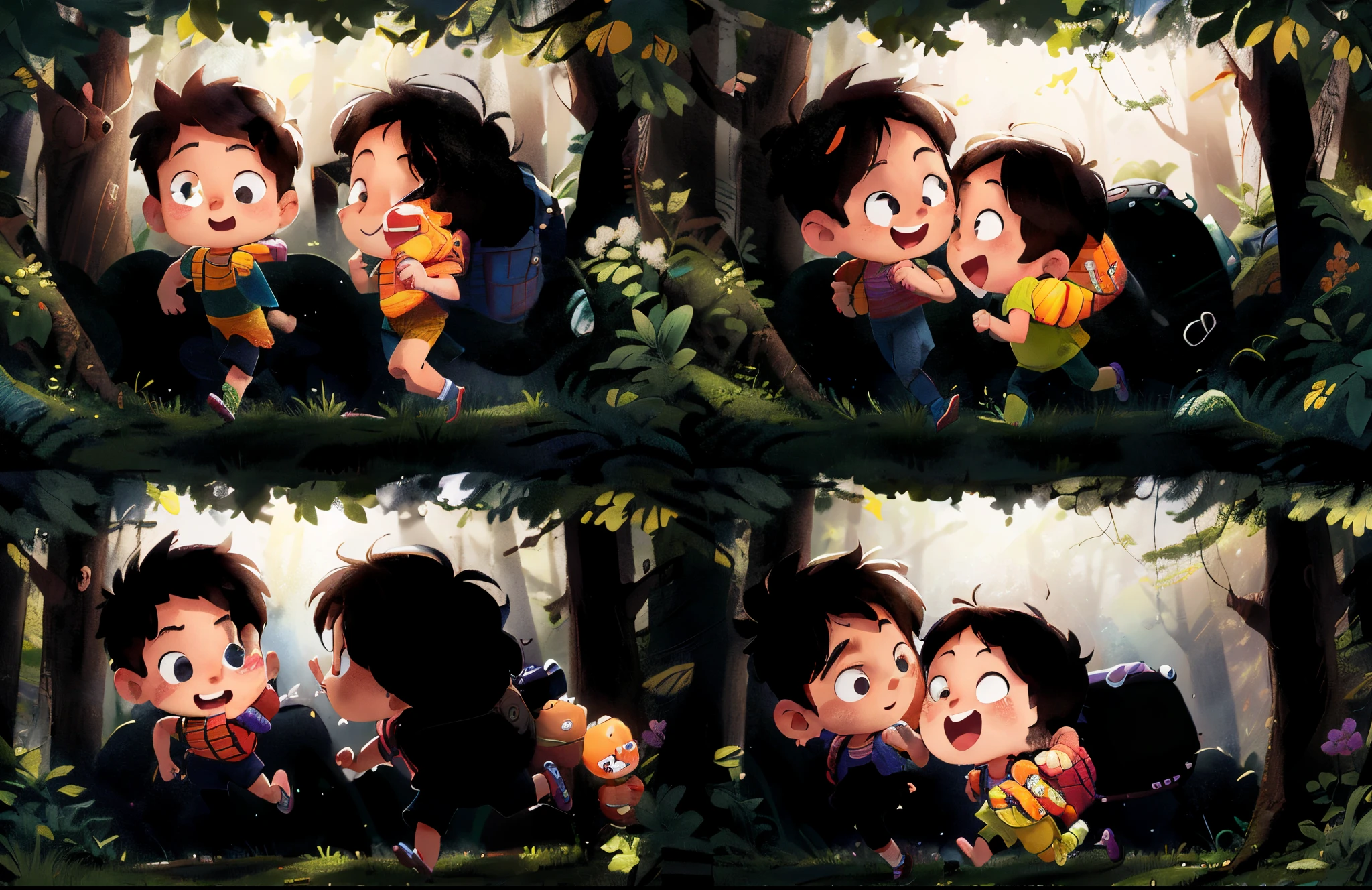 Poster design, (SFW), two running boys, spring outing, happy, backpack on back, forest in the background, perfect quality, clear focus, colorful, perfect face, intricate details, ultra-low viewing angle, wide angle lens