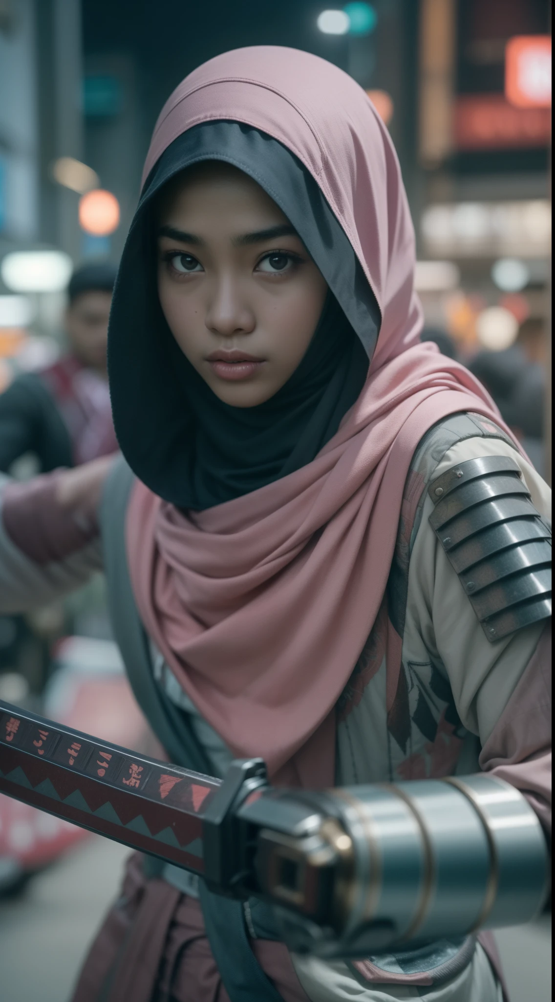 a malay teenage girl in hijab and mecha suit holding samurai sword in fighting pose in front of crowded bustling kuala lumpur malaysia city streets, serious face, nighttime, 35mm lens, establishing shot, pastel color grading, depth of field cinematography effect, film noir genre, 8k resolution, high quality, ultra detail