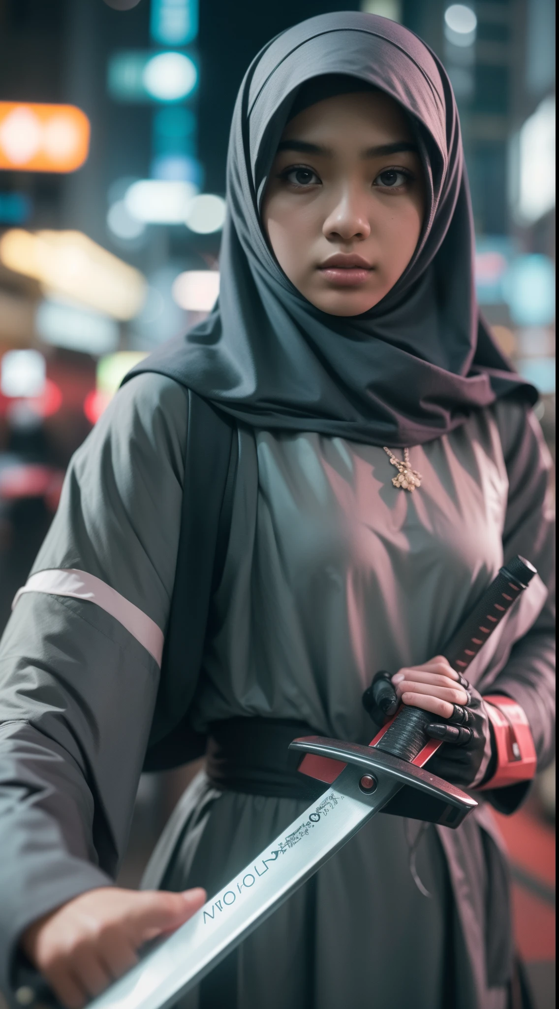 a malay age girl in hijab and mecha suit holding samurai sword in fighting pose in front of crowded bustling kuala lumpur malaysia city streets, serious face, nighttime, 35mm lens, establishing shot, pastel color grading, depth of field cinematography effect, film noir genre, 8k resolution, high quality, ultra detail