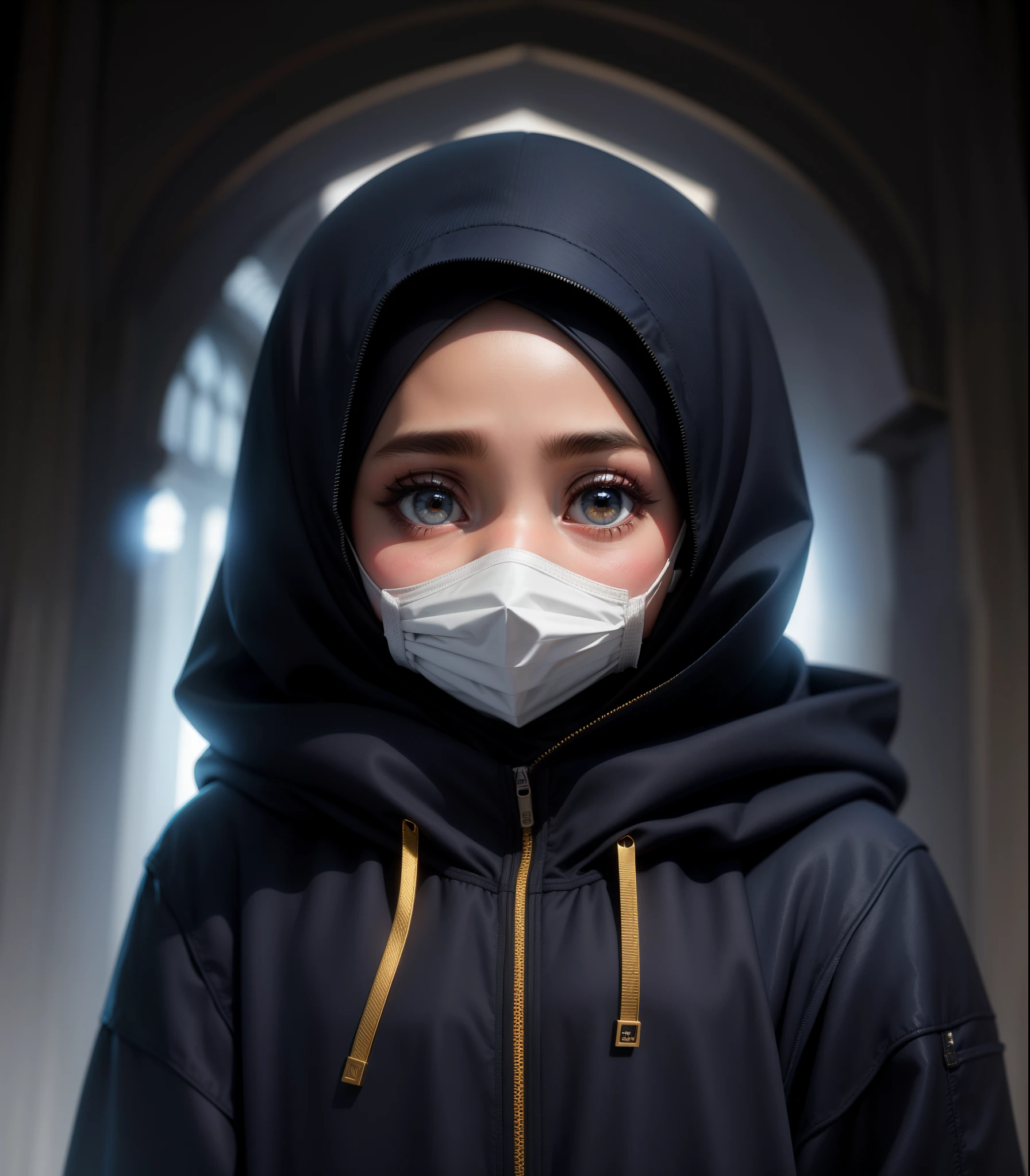 （masterpiece), A Muslim girl, wearing a hijab, hoodie and mask, Dark backgrounds with perfect lighting are made by experts