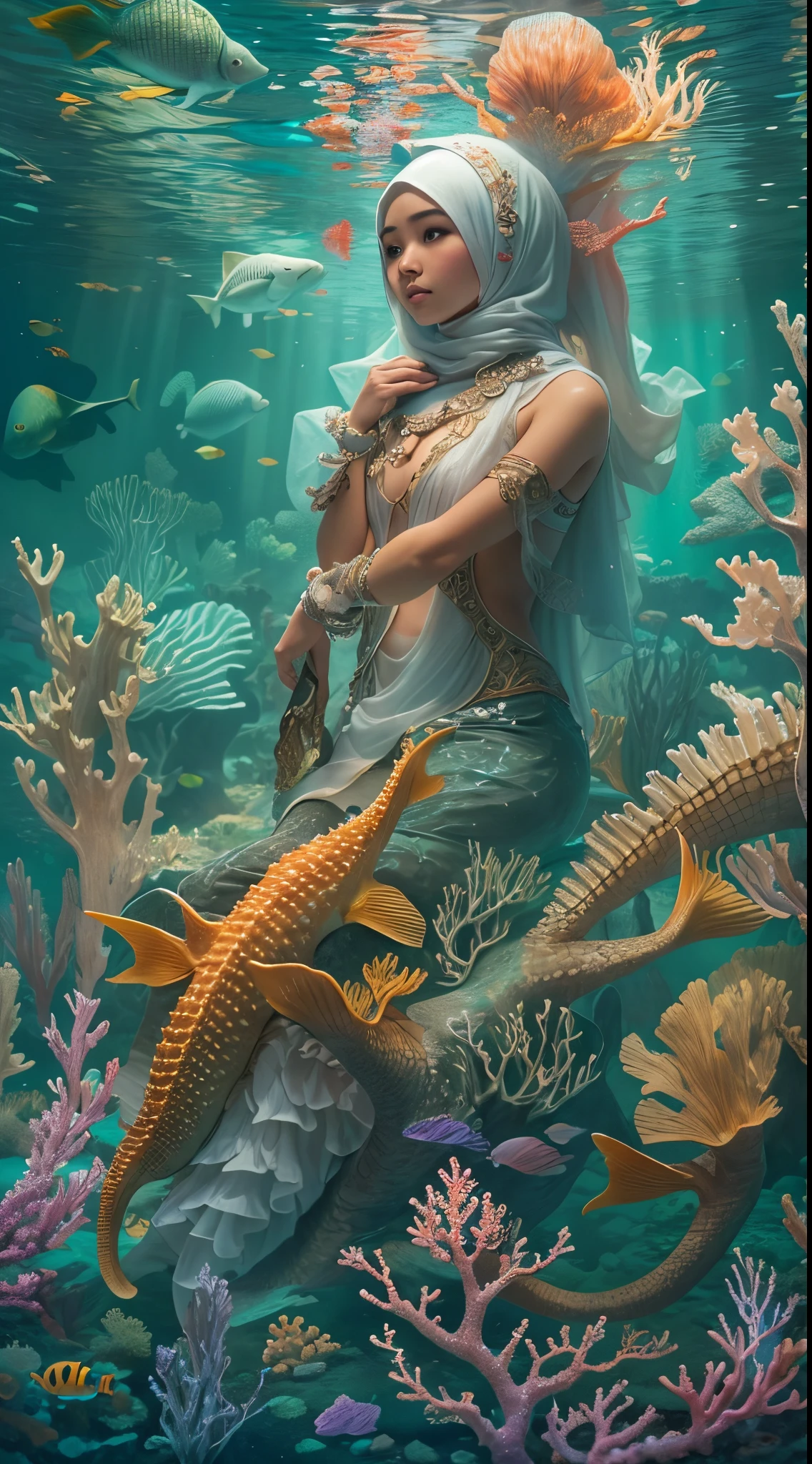 Craft a surreal underwater scene with a Malay girl in hijab riding a majestic seahorse through a magical coral reef. Illuminate the underwater world with a soft, ethereal glow, and incorporate mythical sea creatures around them. Create a sense of wonder and fantasy, emphasizing the harmony between the girl, the seahorse, and the enchanting marine environment. Use vibrant colors, dreamlike lighting, and intricate details to bring this underwater fantasy to life