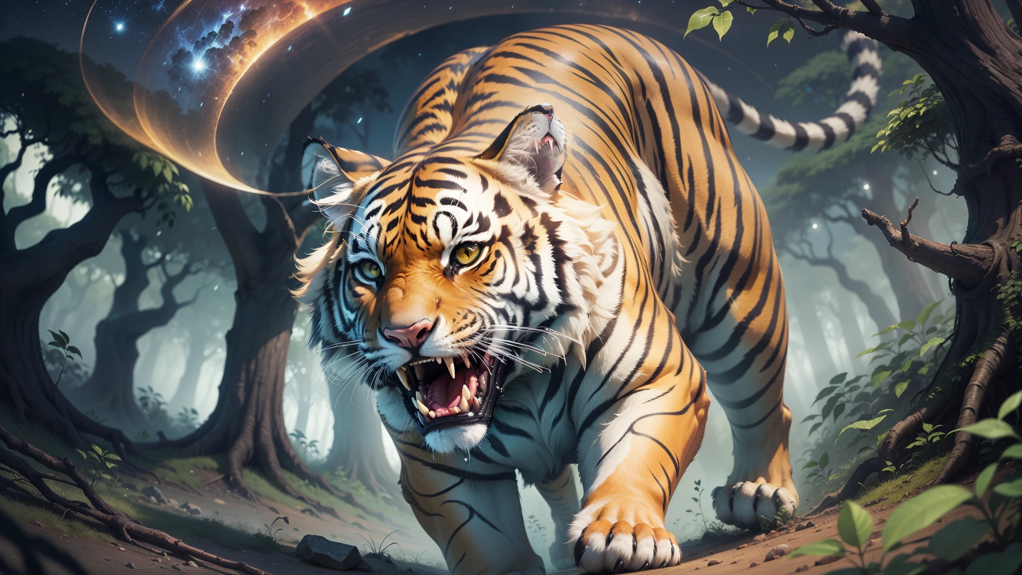 widely opened mouth of a wild roaring tiger jumping towards centre in front of an old big banyan tree, in dense jungle, bright night sky, 2k, cinematic fantasy, powerful, hyper detailed, --auto --s2