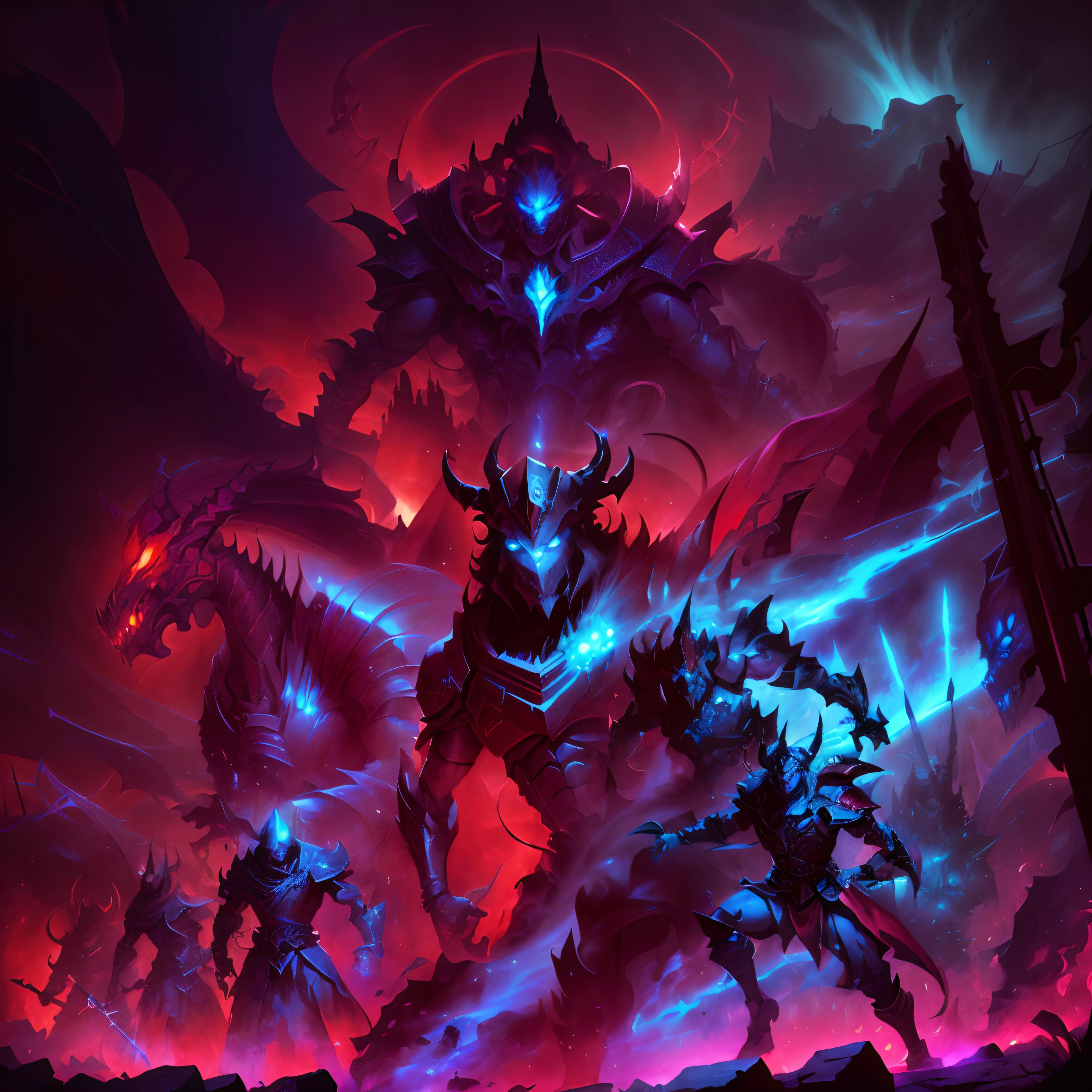 Castlevania Lord of the shadows with red turban and his band of Demilsacque creatures are in a dark room, 6 Billion Style Demons, ils, epic fantasy digital art style, high detailed official artwork, Pochette du MDN, Epic RPG illustration, Epic color illustration, Tonnerre fractal Dan Mumford, Guyver Style, Four Horsemen of the Apocalypse, epic fantasy art style, Guyver's Dark Hero, Illustration of epic fantasy