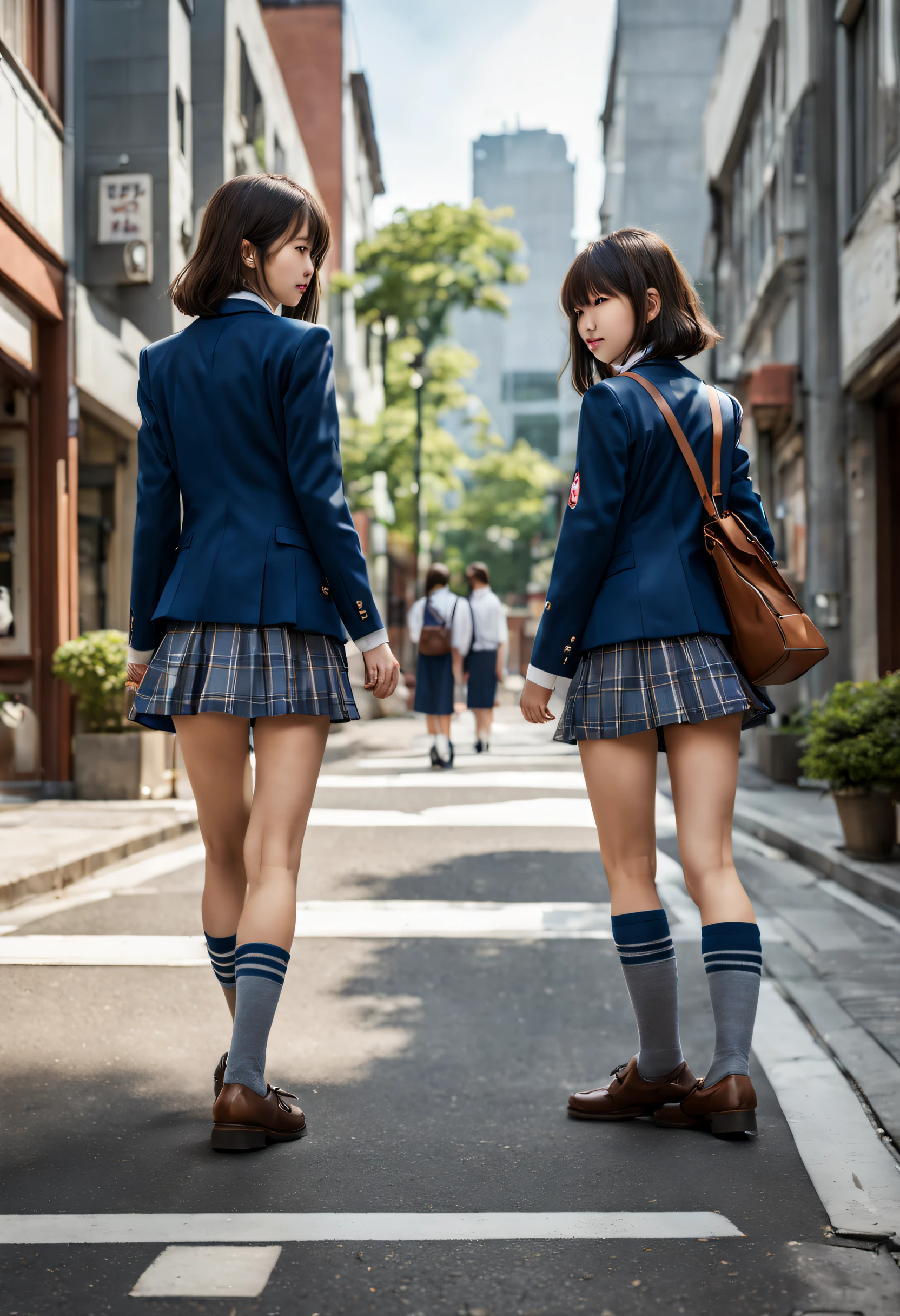 Two High School Girls, With your back turned, japanes, blue blazer uniform, Short check skirt, Grey High Socks, Blue shoulder bag, Brown loafers, A dark-haired, Shorthair, Longhaire, short stature, Tall, Side by side, Walking on the sidewalk, main street, road on the right, sam