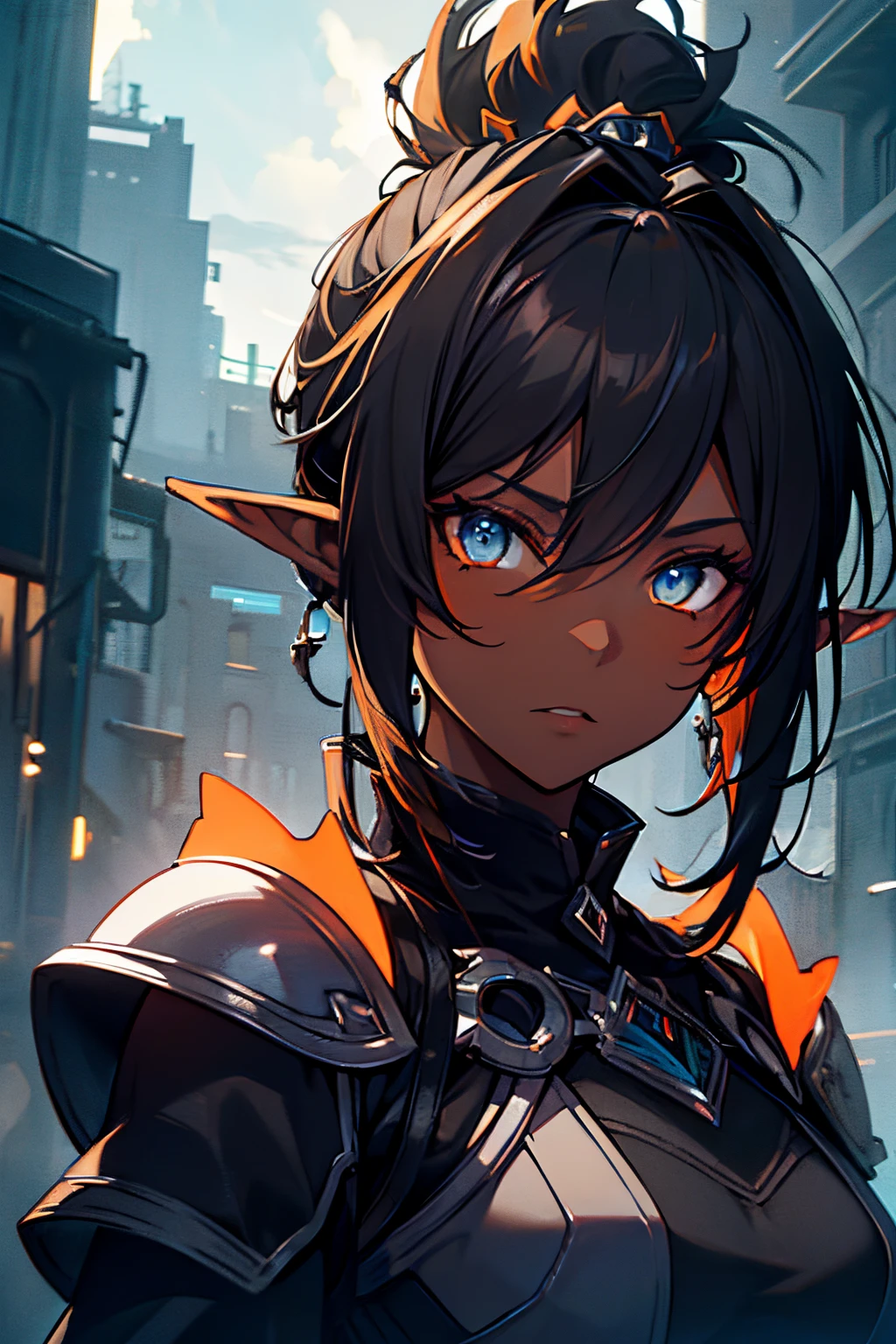 masterpiece, best quality, ((1girl)), (colorful),(finely detailed beautiful eyes and detailed face),cinematic lighting,extremely detailed CG unity 8k wallpaper, sky, cloudy_sky, building, moonlight, moon, night, (dark theme:1.3), light, fantasy, ((Blue Eyes)) ((Dark Skin)) ((Elf Ears)) (((Tribal Black clothes with Orange Accents))) (((Long Straight Black Hair with Ponytail))) ((Matriarch)) ((Mettalic Gauntlets)) ((Armor)) ((300 yr old))