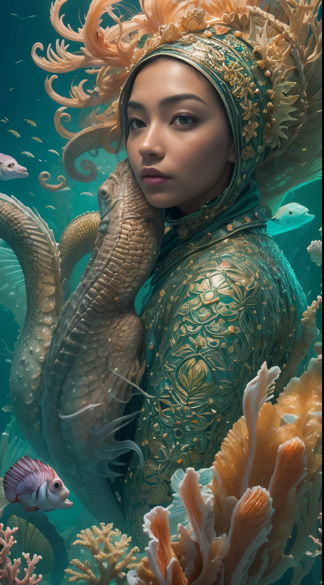 Craft a surreal underwater scene with a Malay girl in hijab riding a majestic seahorse through a magical coral reef. Illuminate the underwater world with a soft, ethereal glow, and incorporate mythical sea creatures around them. Create a sense of wonder and fantasy, emphasizing the harmony between the girl, the seahorse, and the enchanting marine environment. Use vibrant colors, dreamlike lighting, and intricate details to bring this underwater fantasy to life