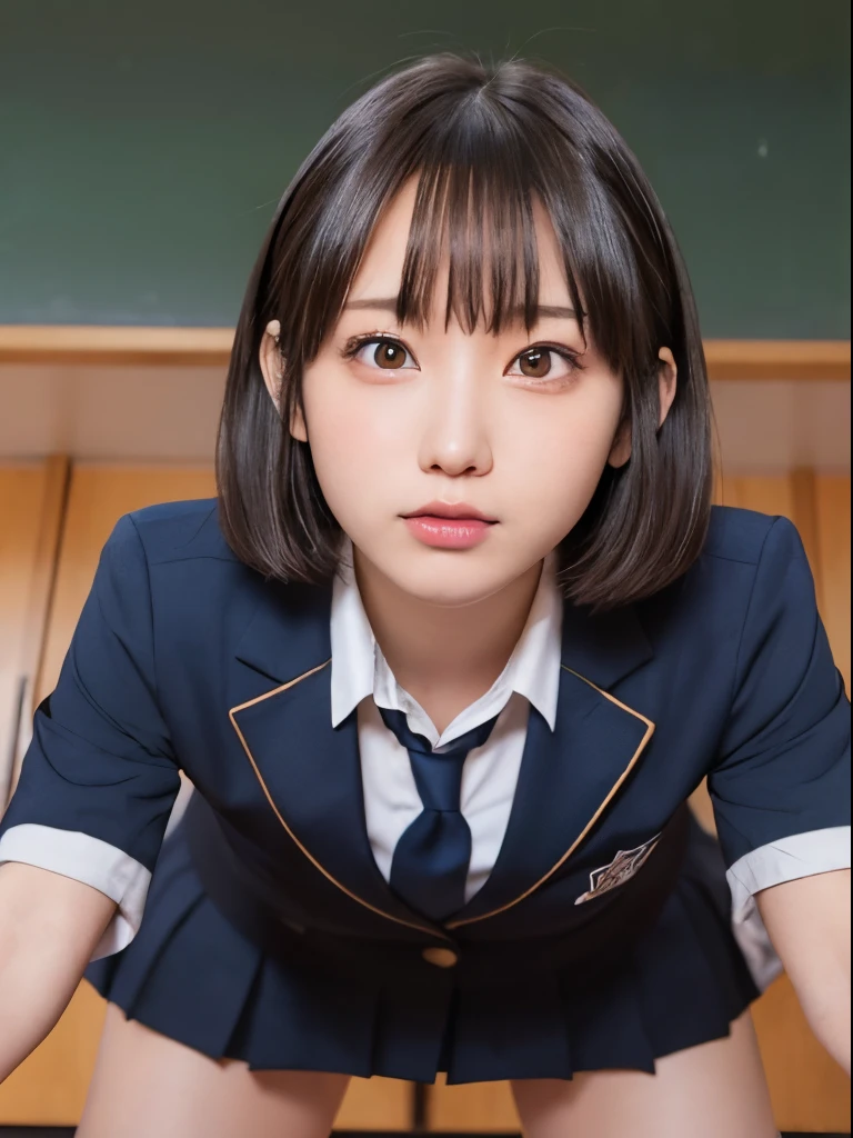 masutepiece, Best Quality, One High School Girl, japanes, blue blazer uniform, Check skirt, A dark-haired, Long Bob,  Show off ((Camel toe)),(Beautiful Girl:1.3), (16 years old:1.2), Very fine eye definition, (Symmetrical eyes:1.3), Tight, Black eyes, Parted bangs, Upper teeth,((((From below)))),inside a classroom