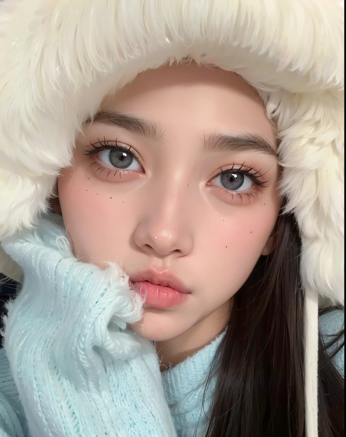 un primer plano de una mujer con un sombrero peludo y un abrigo azul, Cara linda clara, ojos gris hielo, Grandes ojos redondos lindos, ojos helados, ulzzang, lindos ojos redondos rasgados, Ojos azul pastel, Wan adorable cara coreana, Cara puntiaguda y ojos grises, Labios claros y de alta calidad, ojos grises claros, grandes ojos redondos, lindos ojos grandes