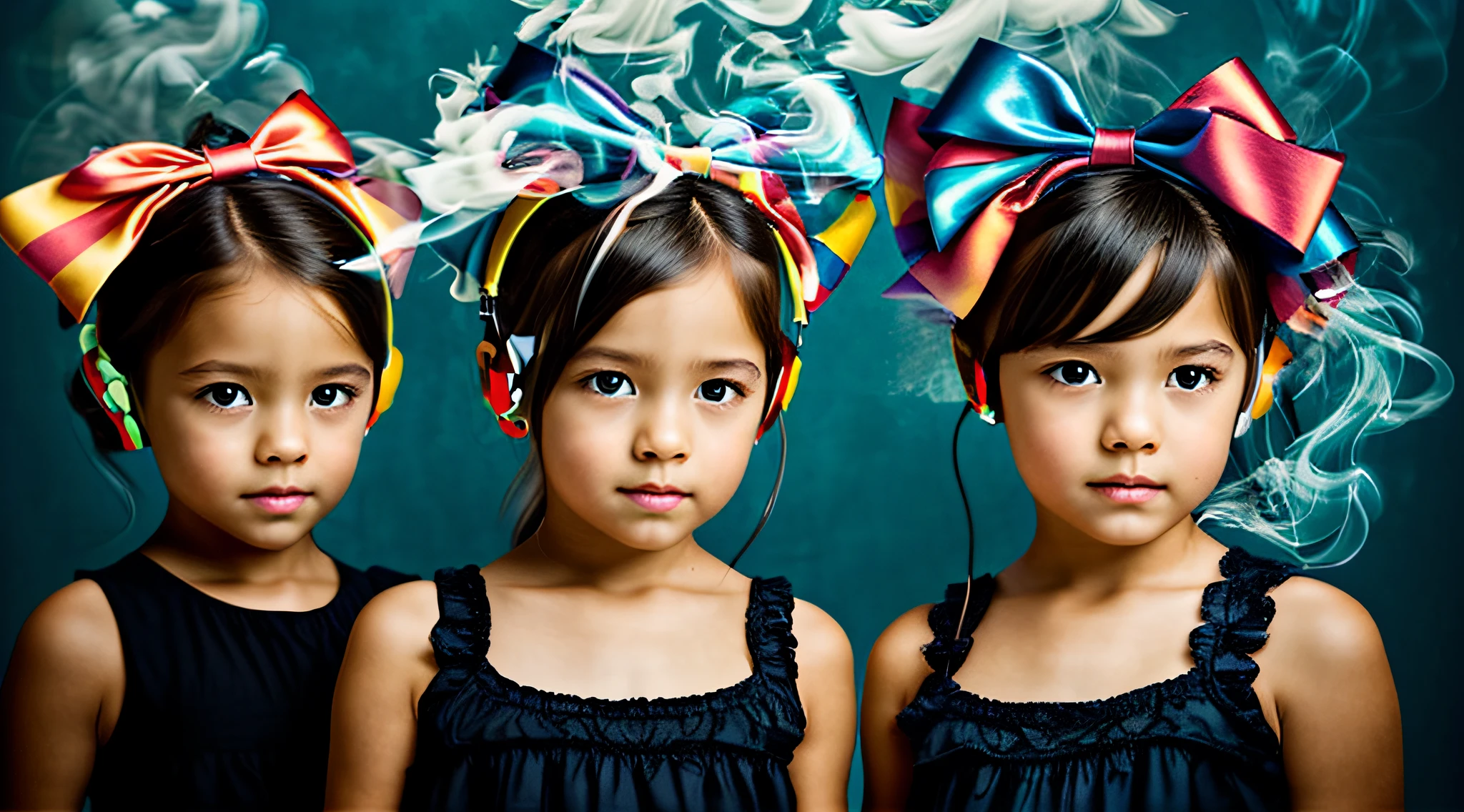 with bows on their heads AND HEADPHONES and one wearing a BLACK dress,GREEN Billowing smoke GREEN AND RED, portrait of twins twins BLONDIES.