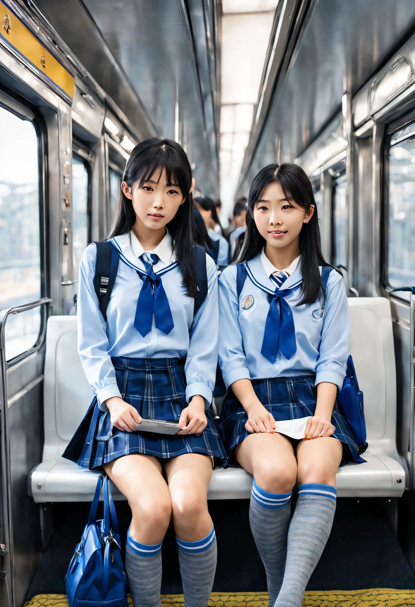 Two High School Girls, japanes, blue uniform, Short check skirt, Grey High Socks, Blue shoulder bag, lowfers, A dark-haired, On the train, Long, sitting side by side, View from the front, during daytime