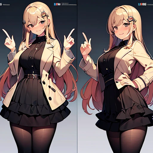 ((masterpiece:1.5)),((Finest quality)),(Ultra-high precision),8k picture, Top quality , Highest level of resolution, sharpness, laughing, two side up, layered skirt, trench coat, halterneck, glamorus, tights ,biologically correct hand, cheerful, long hair, hair ornament,