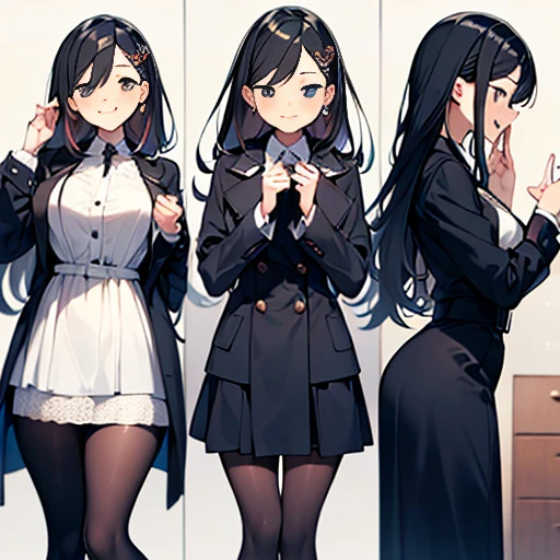 ((masterpiece:1.5)),((Finest quality)),(Ultra-high precision),8k picture, Top quality , Highest level of resolution, sharpness, laughing, two side up, layered skirt, trench coat, halterneck, glamorus, tights ,biologically correct hand, cheerful, long hair, hair ornament,