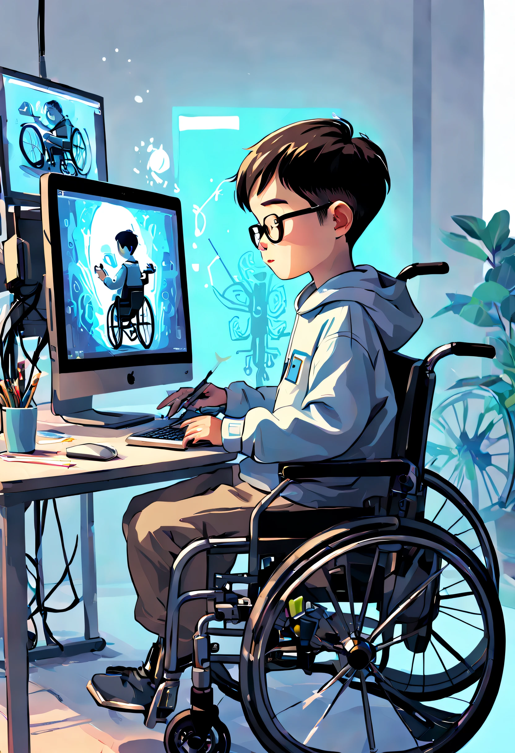 A -yeld boho uses a wheelchair、Illustration of creating NFT art on a computer