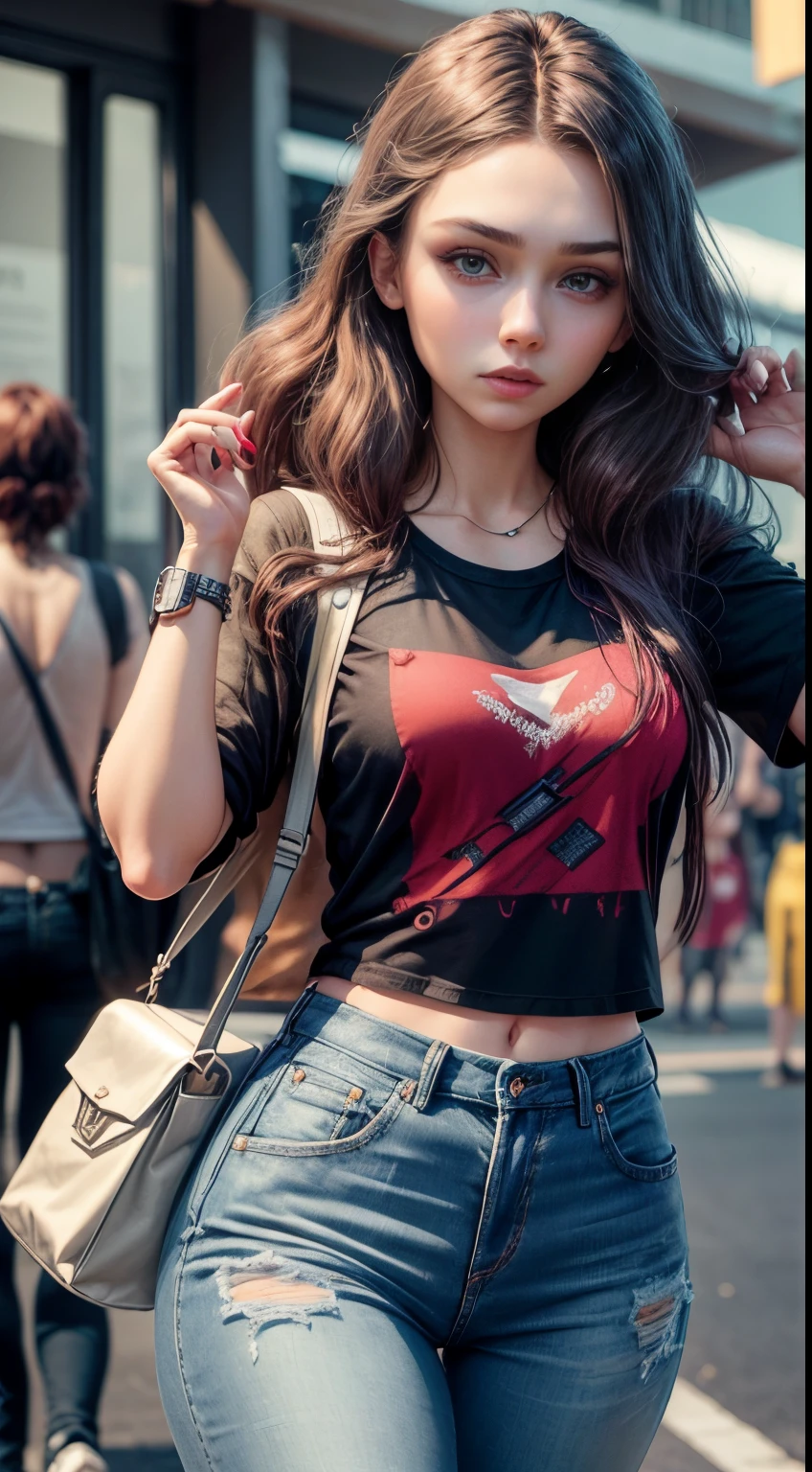 This description showcases a young Wanda, also known as Scarlet Witch, with a mesh 3D material skin. The motion 3D portrayal of Elizabeth Olsen brings life and movement to the character. Wanda is seen wearing a modern long  fashion t-shirt paired with jeans pants, displaying a trendy and casual style. Her fashionable outfit reflects her youthful and stylish personality. Additionally, Wanda can also be seen donning a  t-shirt, adding versatility to her wardrobe. Whether it's a modern t-shirt and jeans or a long t-shirt, Wanda Maximoff's fashion choices highlight her beauty and fashion-forwardness.