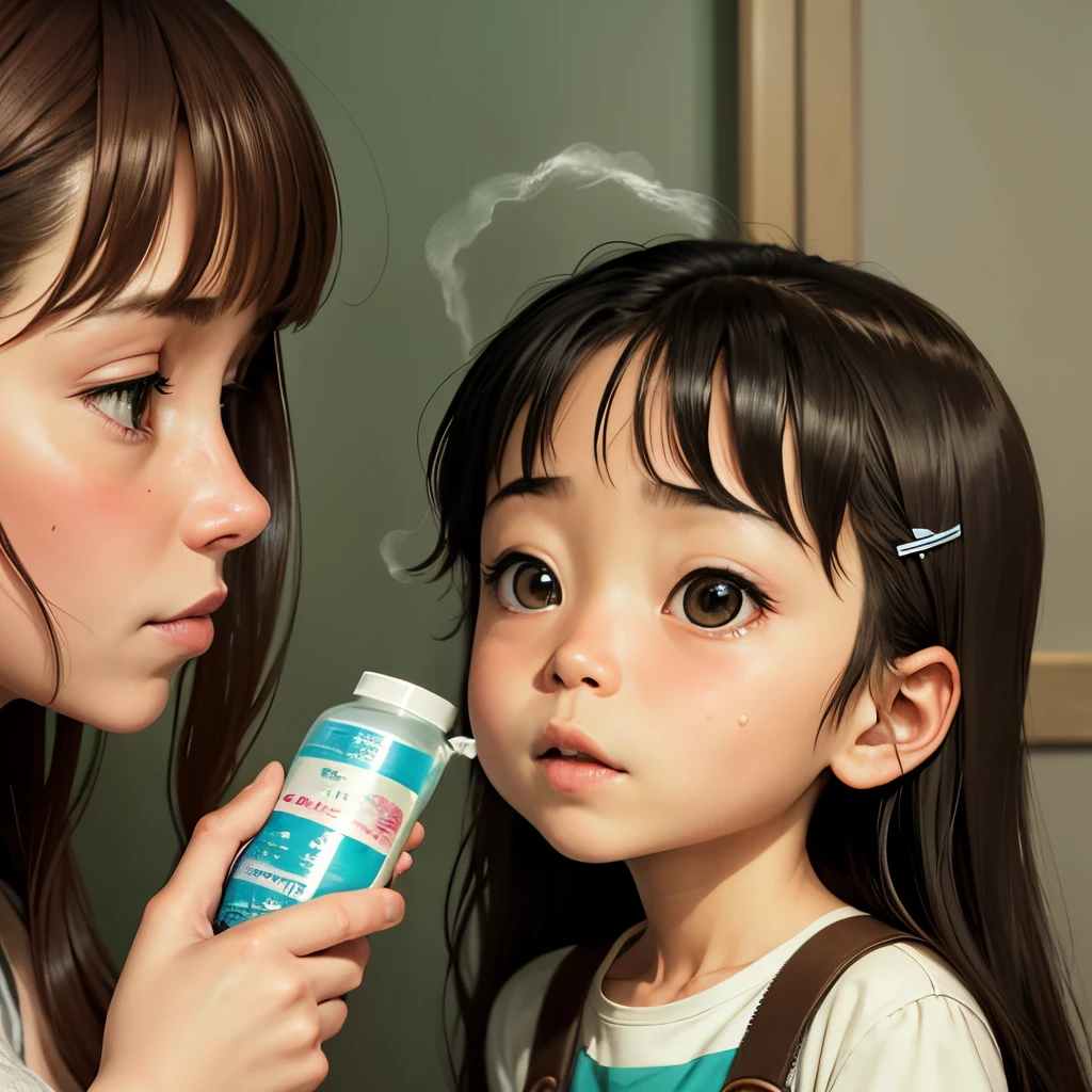40 year old mother holding a 10ml bottle of spray,Help a 6--old l spray her eyes,16k,studio ghibli,Miyazaki Hayao style