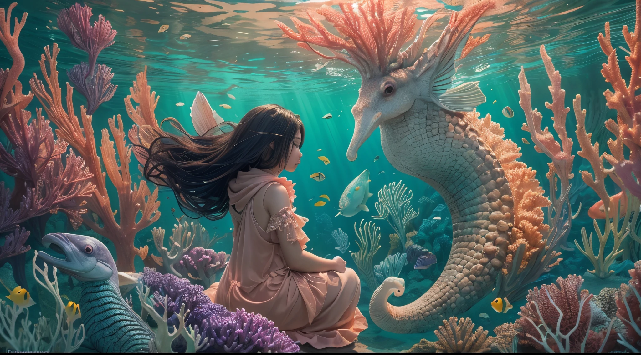 Craft a surreal underwater scene with a Malay girl in hijab riding a majestic seahorse through a magical coral reef. Illuminate the underwater world with a soft, ethereal glow, and incorporate mythical sea creatures around them. Create a sense of wonder and fantasy, emphasizing the harmony between the girl, the seahorse, and the enchanting marine environment. Use vibrant colors, dreamlike lighting, and intricate details to bring this underwater fantasy to life