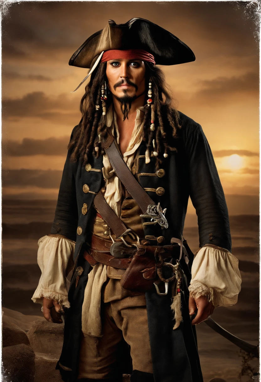 A photo of Jack Sparrow negotiating with a mysterious group of smugglers in a hidden alcove, his charismatic demeanor and quick wit on full display.,Pirates of the Caribbean: The Curse of the Black Pearl,
Jack Sparrow possesses a distinctive and memorable appearance, characterized by a blend of ruggedness, eccentricity, and a touch of flamboyance.
1. Facial Features: Jack's countenance is weathered and tanned, reflecting a life spent sailing under the sun. He has a well-defined jawline, typically adorned with a scruffy, unkempt beard that frames his face. His cheekbones are high, lending an air of sharpness to his features.
2. Hair: Jack's hair is long, dark, and unruly, falling in loose, wavy locks that cascade past his shoulders. His hair is often adorned with beads, trinkets, and small braids, giving it an eclectic and pirate-like flair.
3. Eyes: Jack's most striking feature is his intense, dark eyes, which hold a mischievous glint and a hint of mystery. They are framed by slightly arched eyebrows, adding to his enigmatic allure.
4. Accessories: Jack Sparrow is known for his eclectic array of accessories. He adorns his head with a worn, tricorn pirate hat, typically adorned with feathers or other embellishments. On his face, he sports a variety of smudged and smoky eye makeup, giving him a rakish and slightly disheveled appearance. His ears are often adorned with gold hoop earrings and other ornaments, adding to his pirate aesthetic.
5. Clothing Style: Jack's clothing style is a unique blend of tattered elegance and pirate flair. He wears layers of mismatched, worn garments that reflect his bohemian nature. His ensemble often includes a loosely fitted, open-front vest or jacket, adorned with intricate embroidery, fringes, and beaded details. Underneath, he dons a stained and rumpled, off-white linen shirt with billowy sleeves. Around his waist, he sports a wide leather belt with a large, ornate buckle. His trousers are loose and baggy, typically made of worn and faded fabrics. Completing his attire, he wears tall leather boots, scuffed and worn from countless adventures at sea.
6. Jewelry and Trinkets: Jack Sparrow is known for his love of accessories. He adorns himself with an assortment of necklaces, rings, and bracelets, often featuring charms, beads, coins, and other artifacts collected from his journeys. These trinkets jingle and clink as he moves, adding to his charismatic presence.
7. Swagger and Posture: Jack carries himself with a unique swagger, a graceful yet somewhat unsteady gait that reflects his carefree and unpredictable nature. His posture is relaxed, yet he exudes an air of confidence and self-assurance.
8. Complexion: Jack Sparrow's complexion is weathered and sun-kissed, bearing the marks of a life spent at sea. His skin has a slightly rough texture, indicative of exposure to the elements. Faint lines and wrinkles around his eyes and forehead hint at the experiences and hardships he has endured.
9. Teeth: Jack's teeth are a notable feature, often shown as discolored and uneven, reflecting a lack of proper dental care. Some of his teeth are missing, adding to his rugged and slightly unkempt appearance. However, despite their imperfections, his teeth are surprisingly functional, allowing him to flash a charismatic and mischievous grin.
10. Scars and Tattoos: Jack Sparrow's body is adorned with various scars and tattoos, each with its own story to tell. Scattered across his torso, arms, and back, these marks serve as reminders of past battles, encounters, and personal journeys. His tattoos, often faded and partially obscured, add an air of mystery and intrigue to his overall appearance.
11. Hands and Fingers: Jack's hands are weathered and calloused, a testament to a life of adventure and manual labor. His fingers are nimble and dexterous, capable of handling intricate tasks such as manipulating his beloved compass or wielding a sword with finesse.
12. Slight Dishevelment: Jack Sparrow's overall appearance carries an intentional sense of dishevelment. His clothing is intentionally rumpled and worn, with loose threads and frayed edges adding to his bohemian charm. His hair, although long and flowing, is intentionally unkempt, giving him a carefree and rebellious air.
13. Scent: A subtle scent of saltwater, mixed with a hint of rum and the faint aroma of exotic spices, lingers around Jack Sparrow. The combination of sea breeze, his own unique musk, and the scents of the places he has visited create an intriguing olfactory aura that accompanies his presence.
14. Body Language: Jack's body language is a key part of his overall appearance. He carries himself with a slightly slouched posture, giving off an air of nonchalance and relaxation. His movements are agile and fluid, reflecting both his experience as a sailor and his natural grace. He has a tendency to gesture with his hands while speaking, emphasizing his words and adding flair to his storytelling.
Jack's hair is long, dark, and possesses a wild, untamed quality that perfectly complements his roguish persona. It falls in loose, wavy locks that cascade past his shoulders, framing his face and adding to his air of rebellion and adventure.
The texture of Jack's hair is naturally thick and slightly coarse, giving it a rugged and tousled appearance. It appears to have a natural wave to it, creating a sense of movement even when he is still. His hair has a slightly unkempt quality, as though he rarely bothers with formal grooming routines.
While primarily dark in color, Jack's hair may also exhibit hints of deep brown or even strands of silver, indications of his age and the many experiences he has encountered throughout his life.
To further accentuate his pirate-like aesthetic, Jack adorns his hair with various accessories. Beads, trinkets, and small braids are often woven into his locks, adding a touch of eccentricity and individuality. These adornments dangle and sway with his movements, creating an audible jingle that further adds to his bohemian charm.
Despite its disheveled appearance, Jack's hair possesses a certain allure. It adds an air of nonconformity and a sense of carefree rebellion to his overall persona. His long, flowing locks become a visual representation of his untamed spirit and his refusal to adhere to societal norms.
Jack's ensemble consists of layers of mismatched and worn garments, reflecting his unconventional and free-spirited nature. His clothing exudes an air of adventure and captures the essence of a swashbuckling pirate captain.
Starting from the top, Jack often wears a weathered tricorn pirate hat. The hat is typically made of worn leather or fabric, with a wide brim that is slightly bent and adorned with feathers or other embellishments. It has a well-loved, lived-in appearance, reflecting Jack's countless escapades.
On his face, Jack sports smudged and smoky eye makeup, giving him a rakish and slightly disheveled look. The makeup adds to his mysterious aura and enhances his mischievous gaze.
Jack's upper body is typically adorned with a loosely fitted, open-front vest or jacket. The garment is often made of worn and faded fabrics, such as leather, canvas, or velvet. It may feature intricate embroidery, fringes, or beaded details, showcasing his bohemian sense of style. The jacket has a well-worn appearance, with patches and repairs that bear testament to his adventurous lifestyle.
Underneath the vest or jacket, Jack wears a stained and rumpled, off-white linen shirt. The shirt has billowy sleeves that gather at the wrists, adding a touch of romanticism to his attire. The fabric is lightweight and breathable, suitable for the warm climates often encountered during his seafaring journeys.
Around his waist, Jack sports a wide leather belt with a large, ornate buckle. The belt serves both as a practical accessory and a fashion statement. It helps secure his trousers and provides a place to hang his various tools and weapons, such as his trusty compass or a small dagger.
Jack's trousers are loose-fitting and slightly baggy, allowing for ease of movement. They are typically made of worn and faded fabrics, such as linen or canvas, and may feature patches or repairs. The trousers often taper at the ankles and are tucked into his tall leather boots.
Completing his ensemble, Jack wears tall leather boots that have seen their fair share of adventures. The boots are scuffed and worn, reflecting the wear and tear of life at sea. They provide both protection and stability, enabling Jack to navigate various terrains with ease.
Overall, Jack Sparrow's clothing style combines elements of ruggedness, eccentricity, and a hint of romanticism. His attire reflects his bohemian spirit, his seafaring lifestyle, and his refusal to conform to societal norms. The combination of mismatched layers, worn fabrics, and unique accessories creates a visually striking and iconic look for the legendary pirate captain.