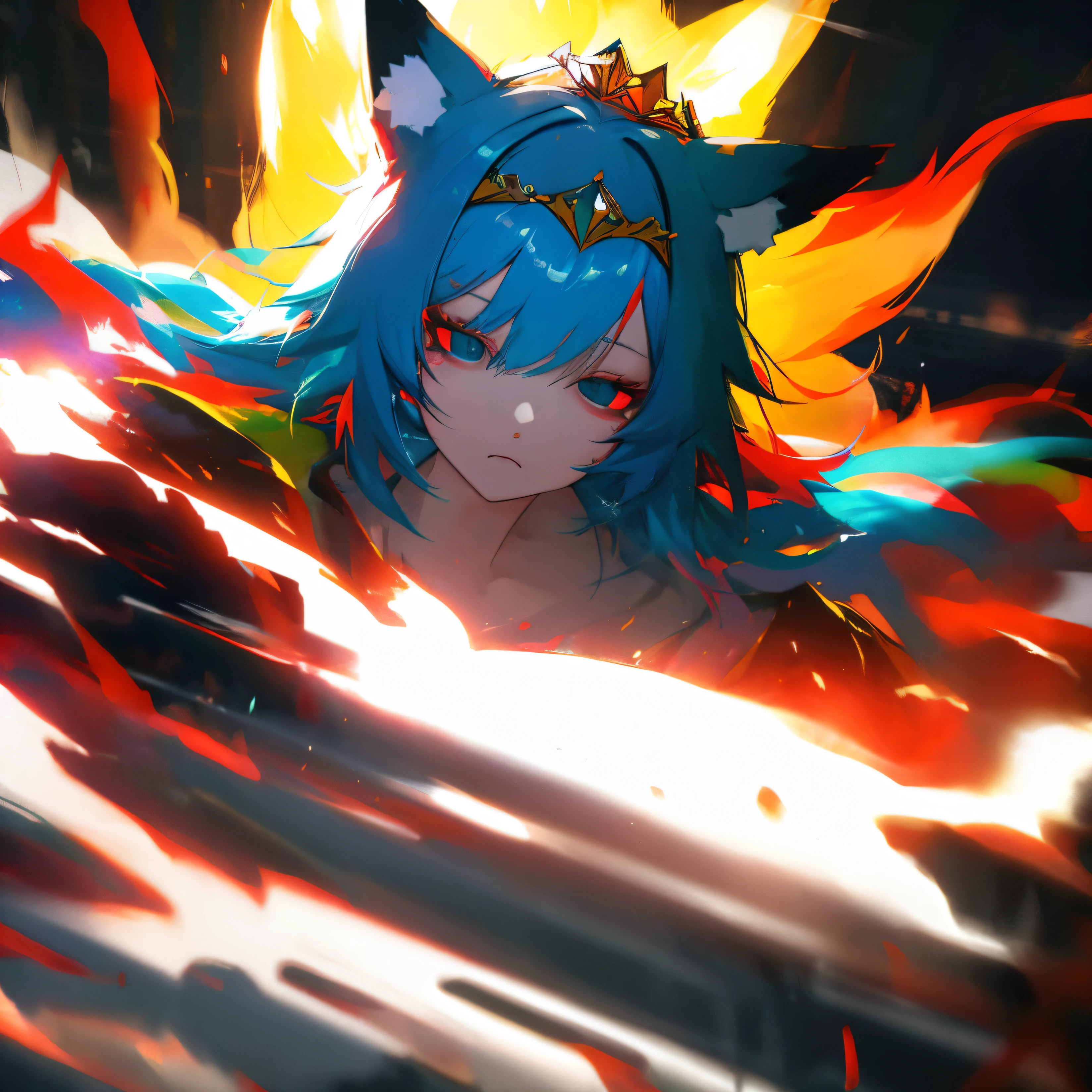 colored inner hair, multicolored hair, tiara, blank eyes, fox ears, Action painting, Cinematic lighting, High details, best quality, 16k, Hard disk, photography