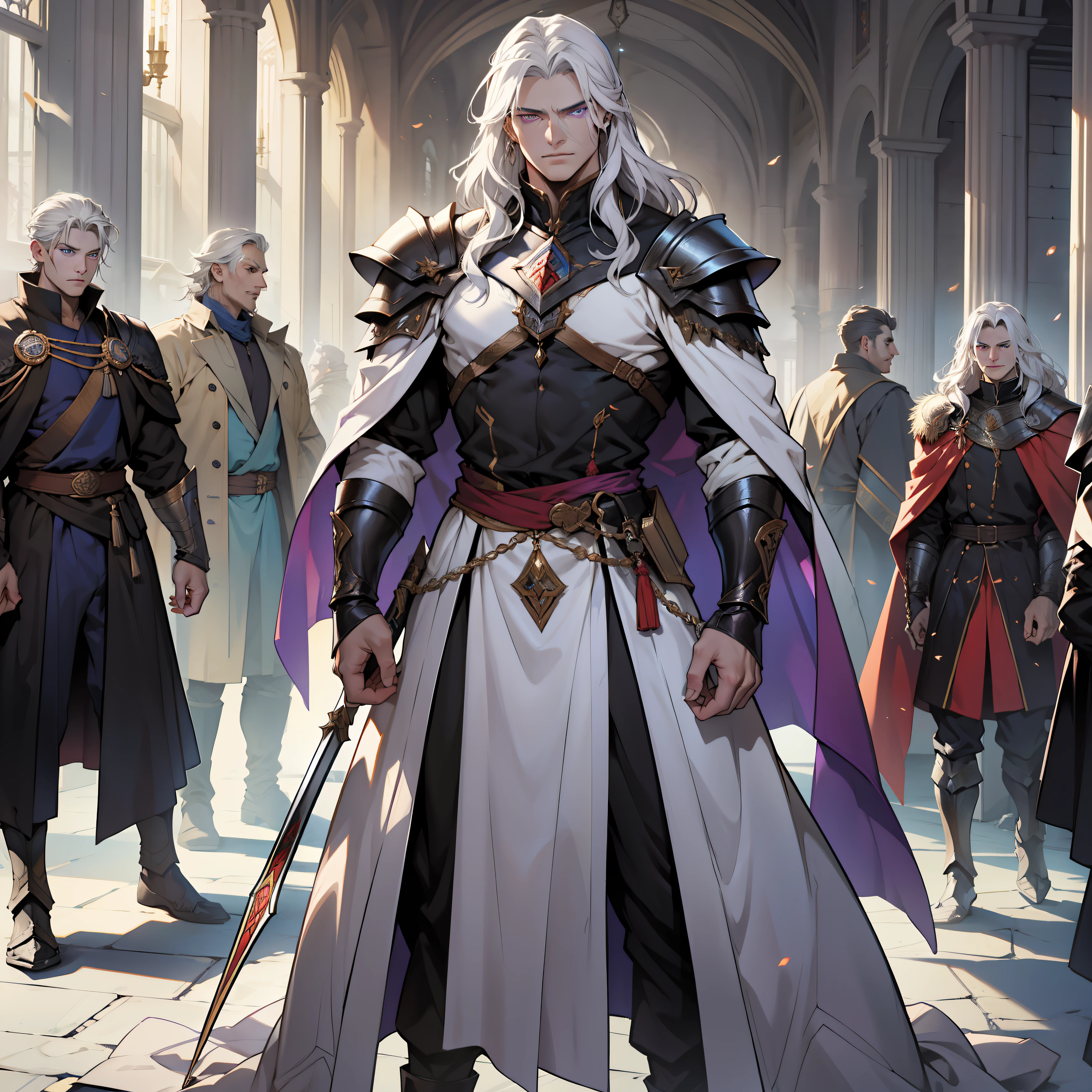 Melkor is much taller than the average human. He is around the same height as myself - and we are both fairly tall. He has shoulder length white hair, just like mine, and piercing purple eyes with sharp silver pupils. He is strong and looks every bit the warrior prince he is. His demeanor is proud and regal, he carries himself with a sense of superiority that cannot be rivaled.