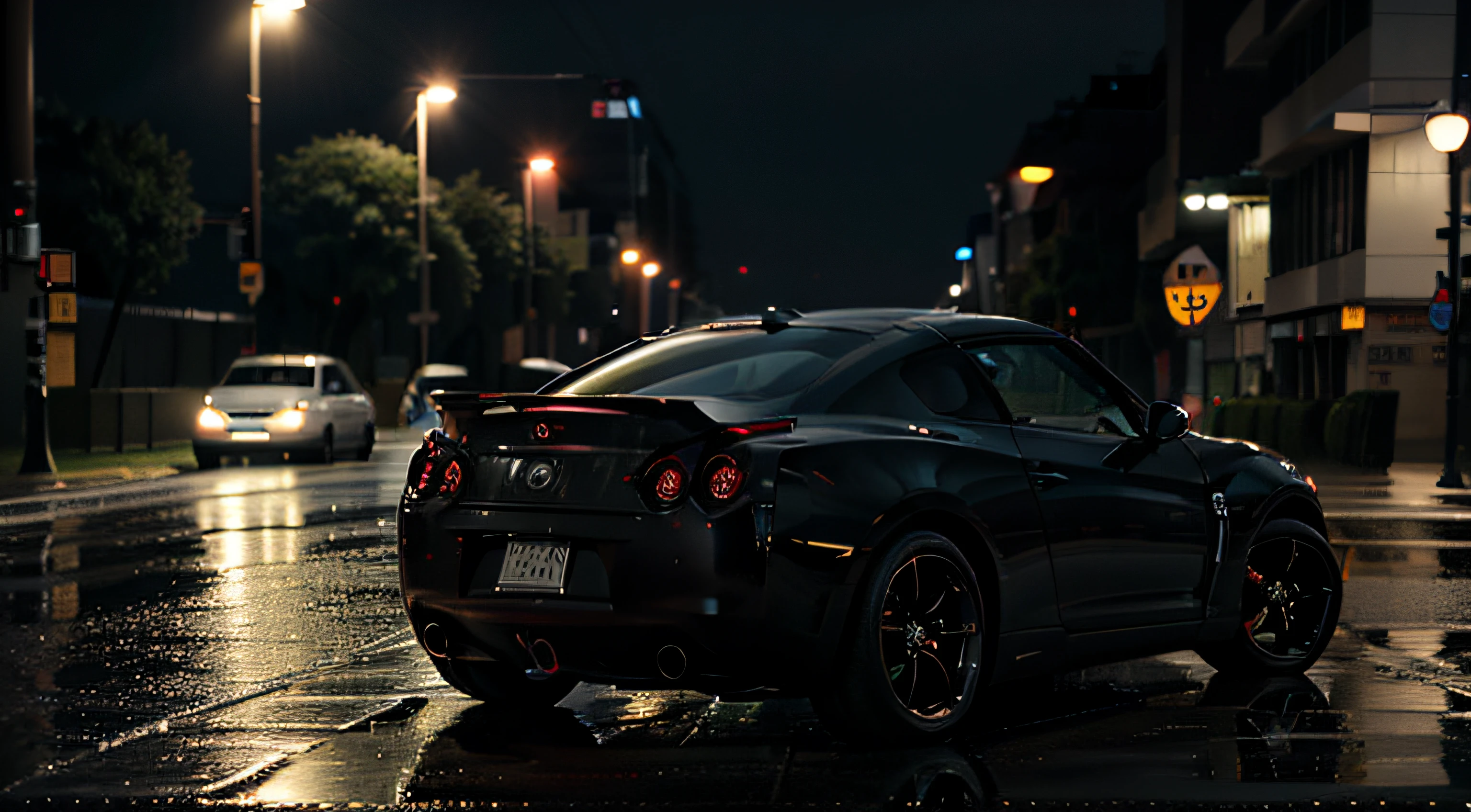 R35 CAR WALLPAPER FOR PHONE WITH LICENSE PLATE 'ASMK', 4K, UTRA REALISTIC, NIGHT RAINY STREET, BACK OF THE CAR IMAGE FROM A SIDE VIEW