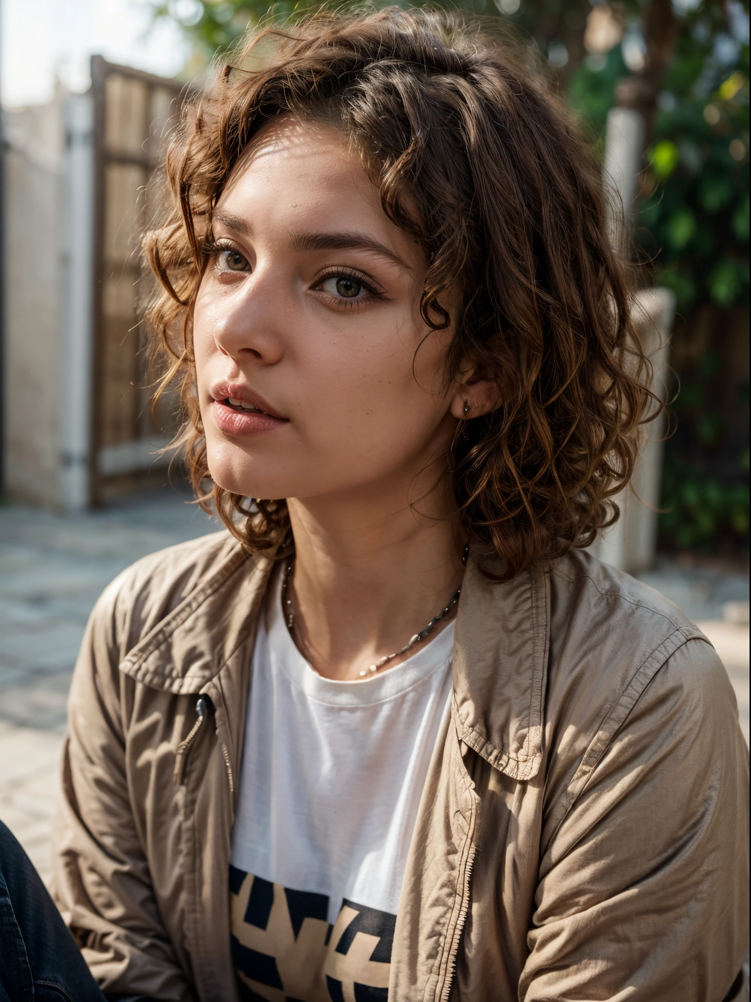 brown eyes, brown solid circle brown eyes, small nose,((((medium and curly hair)))),(medium hair), Mediterranean Caucasian girl, 30 years old, ultra-high resolution.fotorrealistic: 1.4, ((((Enara Aiza)))), highest quality, Ultra-detailed, Fine pores, hyper-realistic, natural pose,black shirt,white light,textured skin, super detail, best quality, UHD, 8k, 4K,medium curly hair,from side, side, brown jacket with long sleeves,short jacket, brown jacket,attack on titan, t-shirt,looking side, normal expresion face,sitting,remote camera
