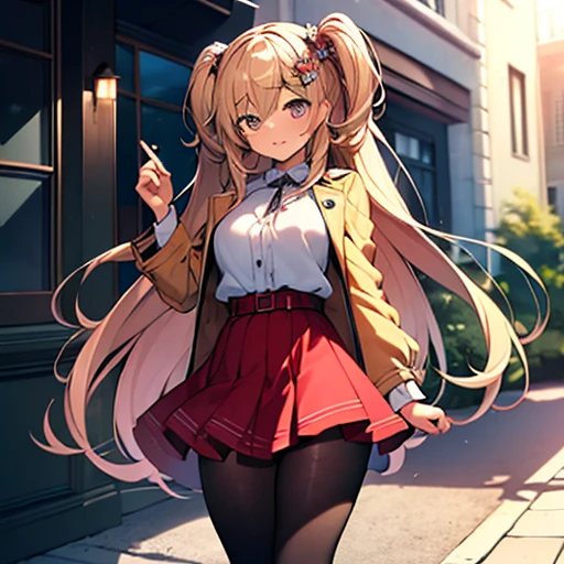 ((masterpiece:1.5)),((Finest quality)),(Ultra-high precision),8k picture, Top quality anime, Highest level of resolution, sharpness, two side up, tights ,biologically correct hand, cheerful, long hair, hair ornament, layered skirt, trench coat, halterneck, out door