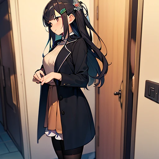 ((masterpiece:1.5)),((Finest quality)),(Ultra-high precision),8k picture, Top quality anime, Highest level of resolution, sharpness, two side up, tights ,biologically correct hand, cheerful, long hair, hair ornament, layered skirt, trench coat, halterneck, out door
