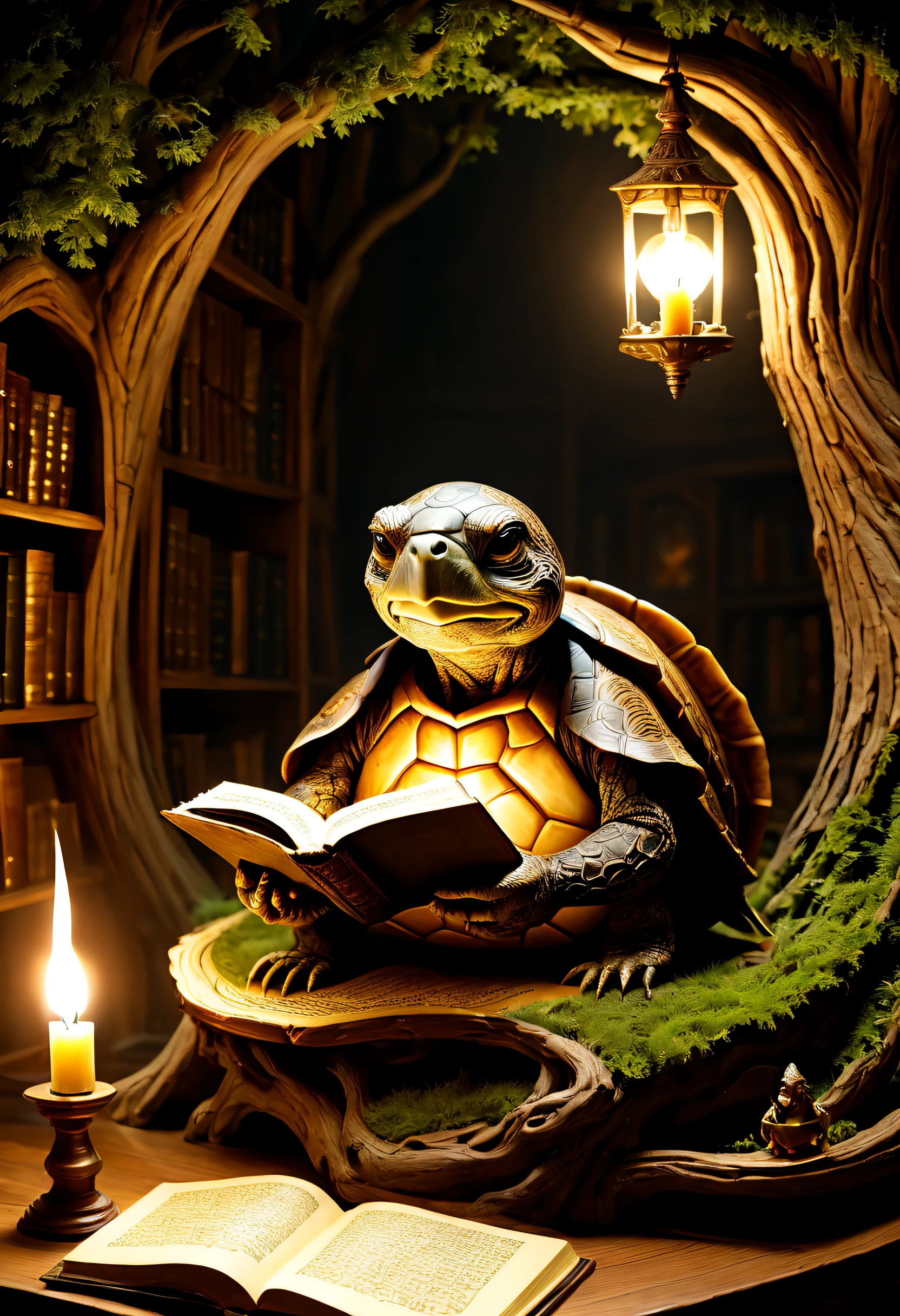 39. A wise old turtle wizard in a library carved from a large tree,Reading an ancient book by candlelight. Tolkien-esque magical atmosphere.