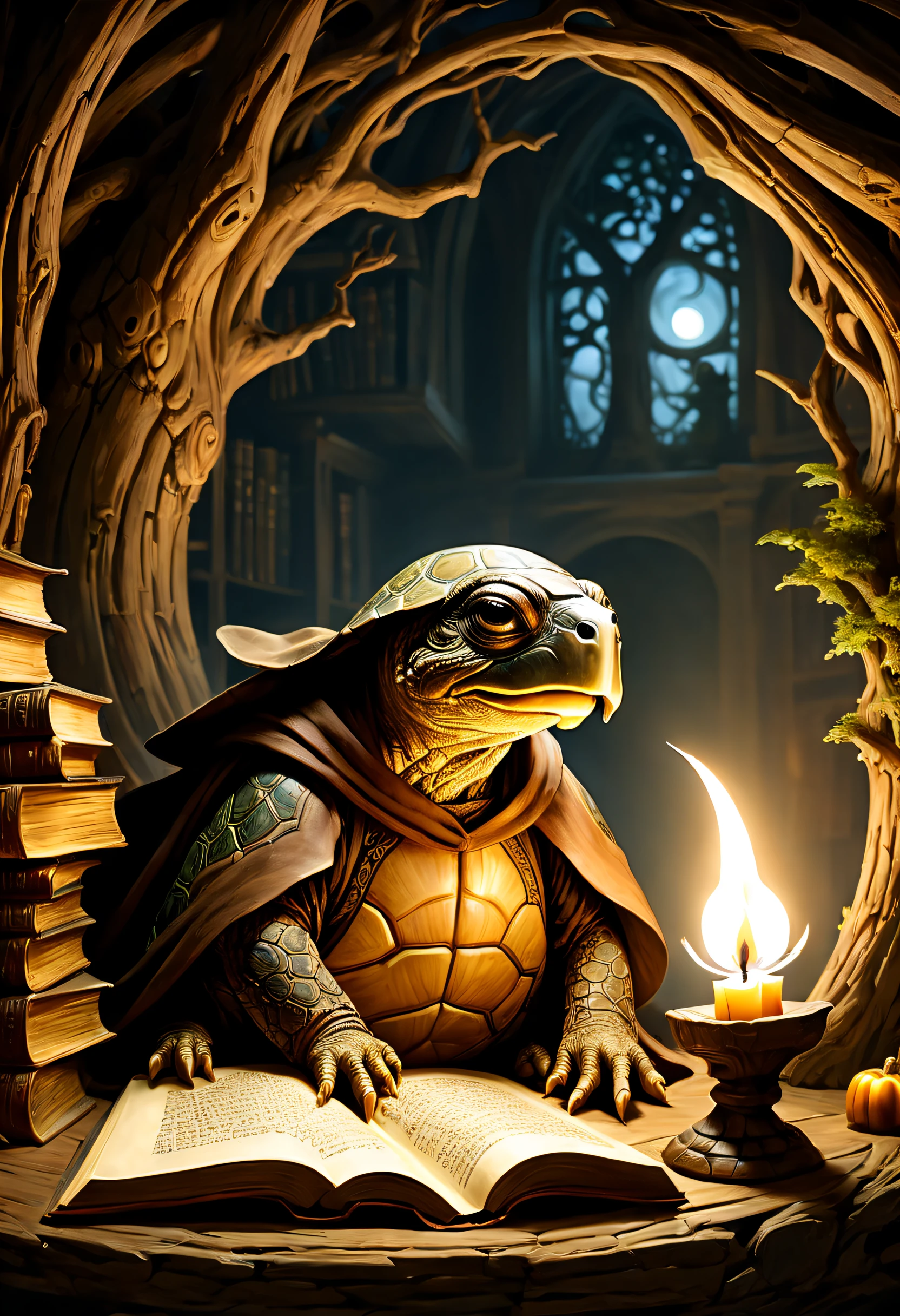 39. A wise old turtle wizard in a library carved from a large tree,Reading an ancient book by candlelight. Tolkien-esque magical atmosphere.