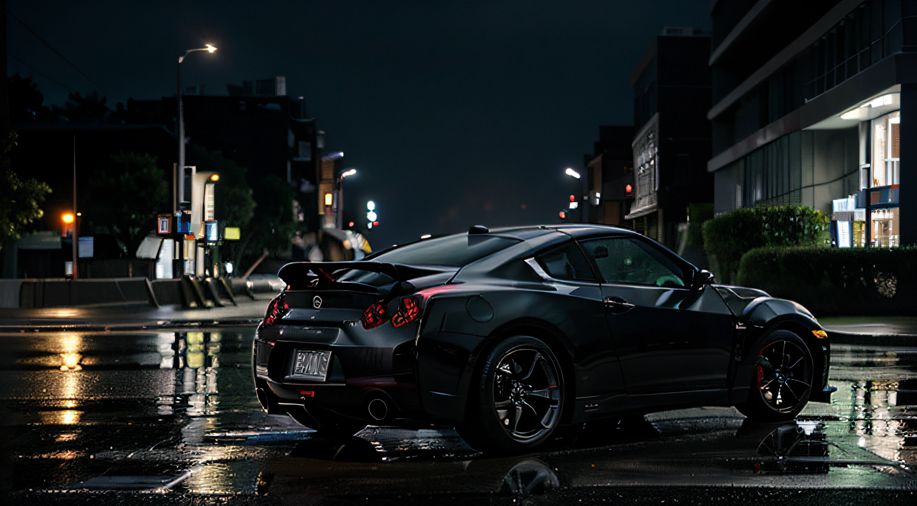 NISSAN R35 CAR WALLPAPER FOR PHONE WITH LICENSE PLATE 'ASMK', 4K, UTRA REALISTIC, NIGHT RAINY STREET, BACK OF THE CAR IMAGE FROM A SIDE VIEW