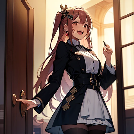 ((masterpiece:1.5)),((Finest quality)),(Ultra-high precision),8k picture, Top quality anime, Highest level of resolution, sharpness, laughing, two side up, tights ,beautiful face, biologically correct hand, cheerful, long hair, hair ornament, layered skirt, trench coat, halterneck, out door