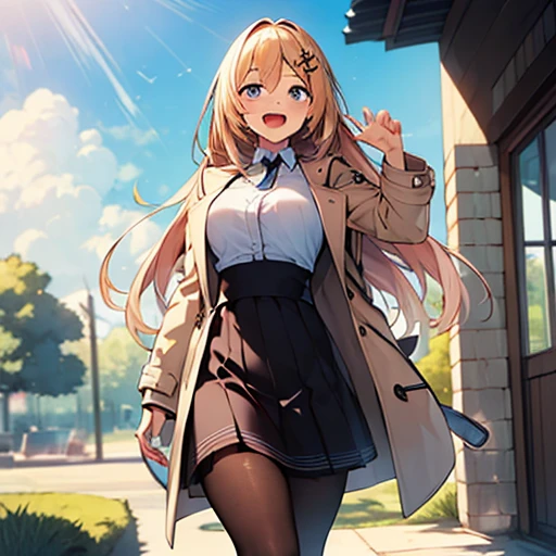 ((masterpiece:1.5)),((Finest quality)),(Ultra-high precision),8k picture, Top quality anime, Highest level of resolution, sharpness, laughing, two side up, tights ,beautiful face, biologically correct hand, cheerful, long hair, hair ornament, layered skirt, trench coat, halterneck, out door