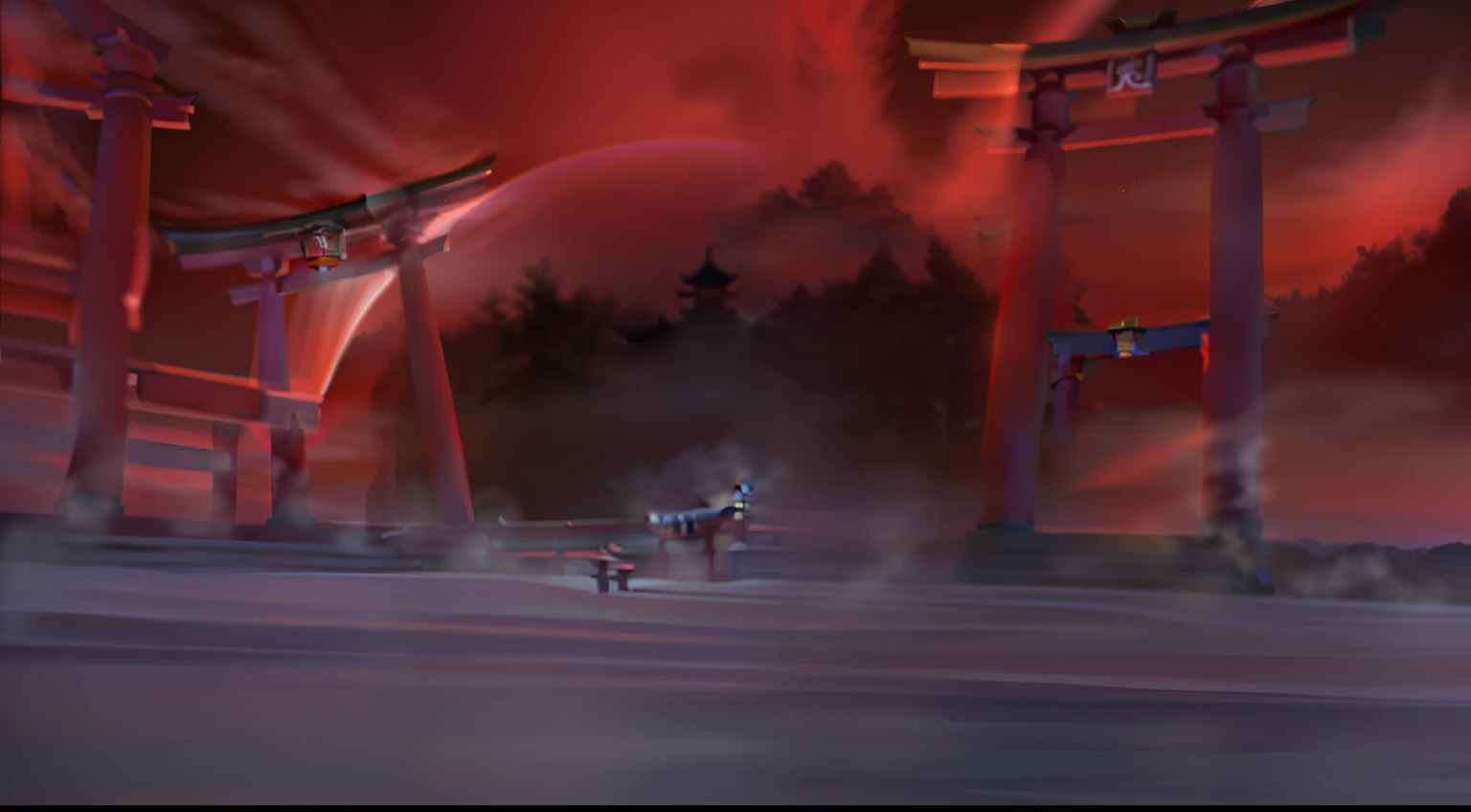 (best quality,4k,8k,highres,masterpiece:1.2),ultra-detailed,(realistic,photorealistic,photo-realistic:1.37),torii gate,red moon,portraits,landscape,Japanese culture,vivid colors,sunset lighting,sacred,detailed wooden structure,traditional architecture,peaceful ambient,ethereal atmosphere,floating mist,serene reflection,crimson hues,tranquil setting,harmonious design,awe-inspiring,spiritual symbol,awe-inspiring silhouette,majestic presence,celestial beauty,serendipitous encounter,illuminated pathway,sacred pilgrimage
